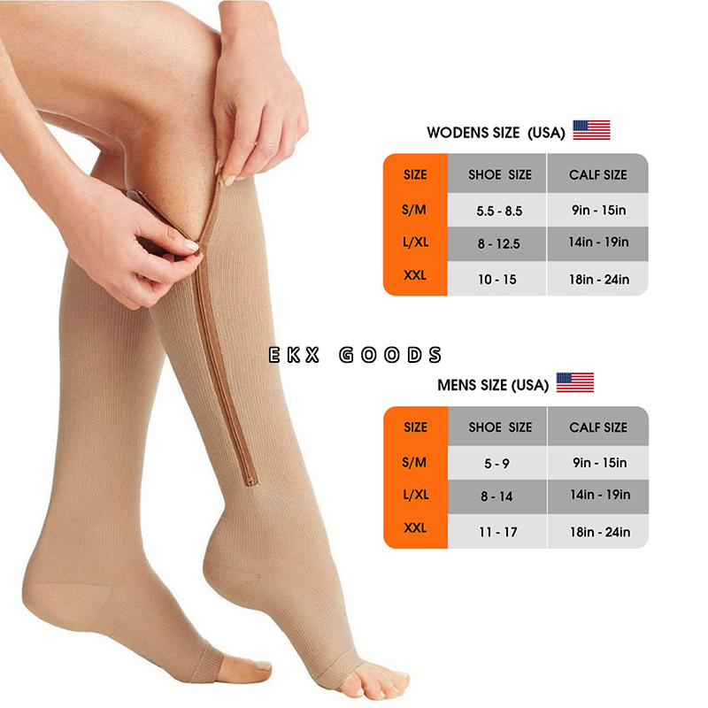 Zipper Open Toe Compression Socks 20-30mmHg Calf Leg Ankle Support Stocking