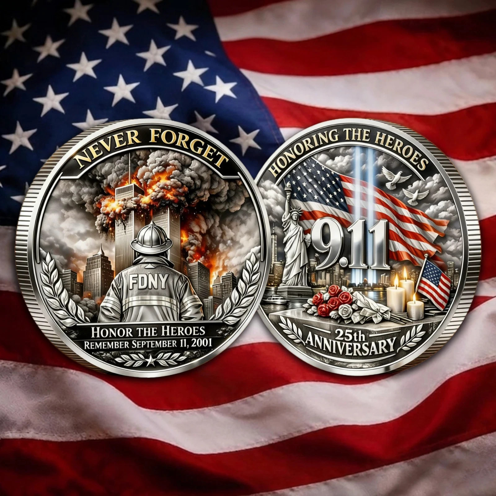 9/11 25th Anniversary Challenge Coin Never Forget Heroes Memorial Commemorative