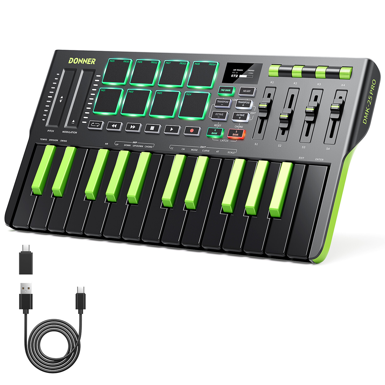 Donner DMK25 Pro MIDI Controller 25 Mini Key 8 Drum Pads Touch Bar OLED Green
