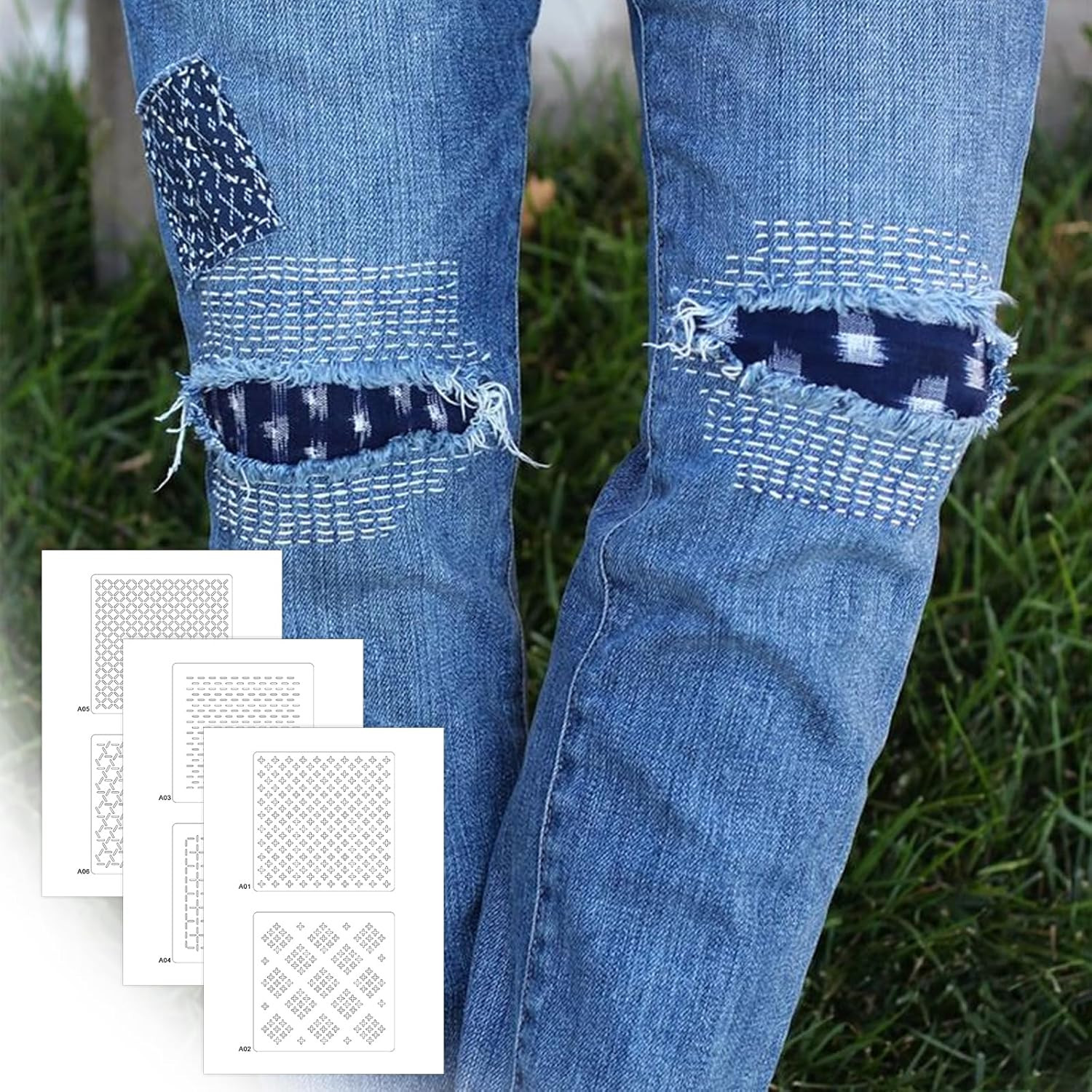 27Pcs Sashiko Kit, Sashikos Fabric Sashiko Stencils Kit Include 6Pcs Water So...