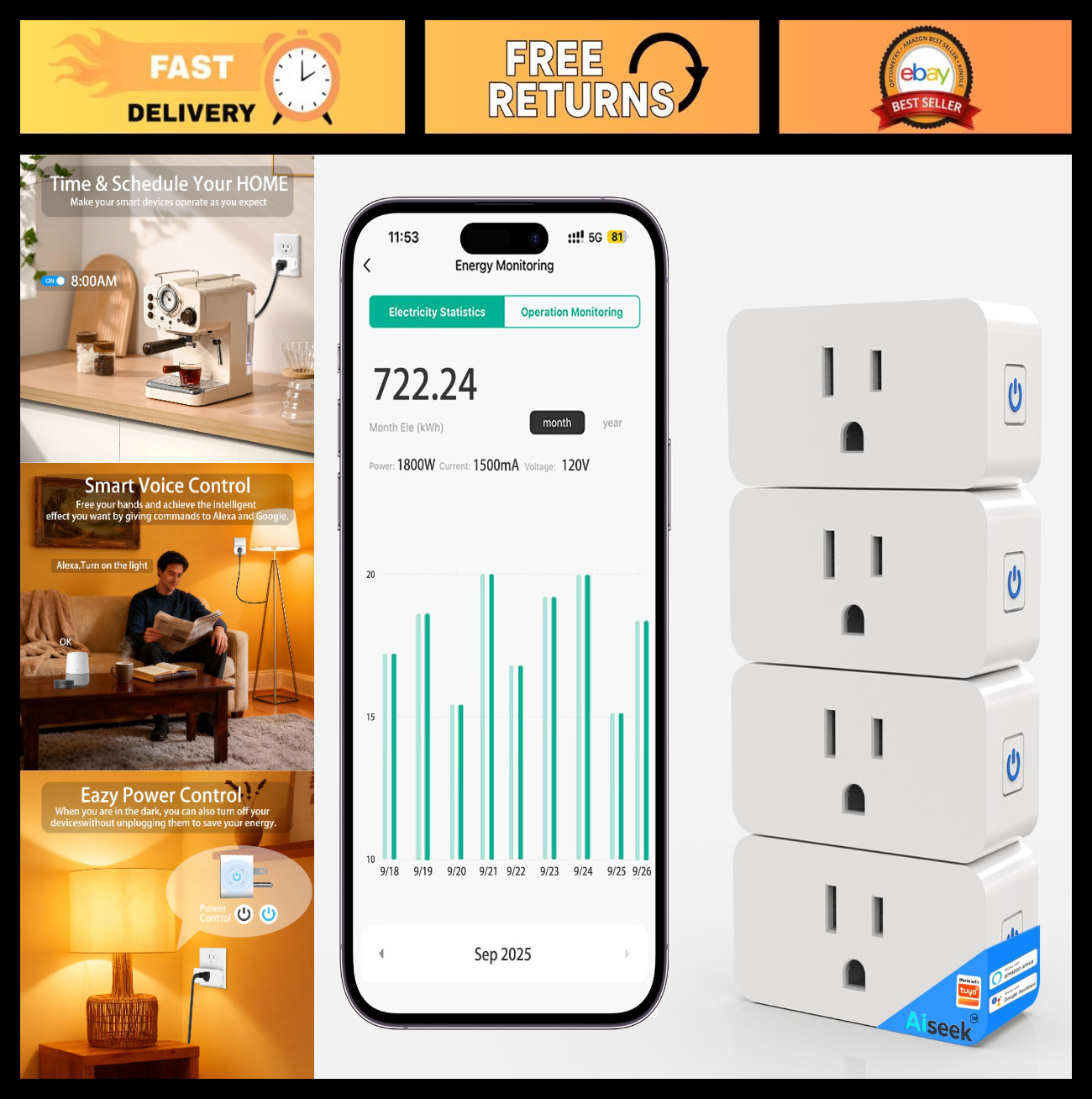 Smart Wi-Fi Plug Outlet 4-Pack with Energy Monitoring, Voice Control, Timers, 15