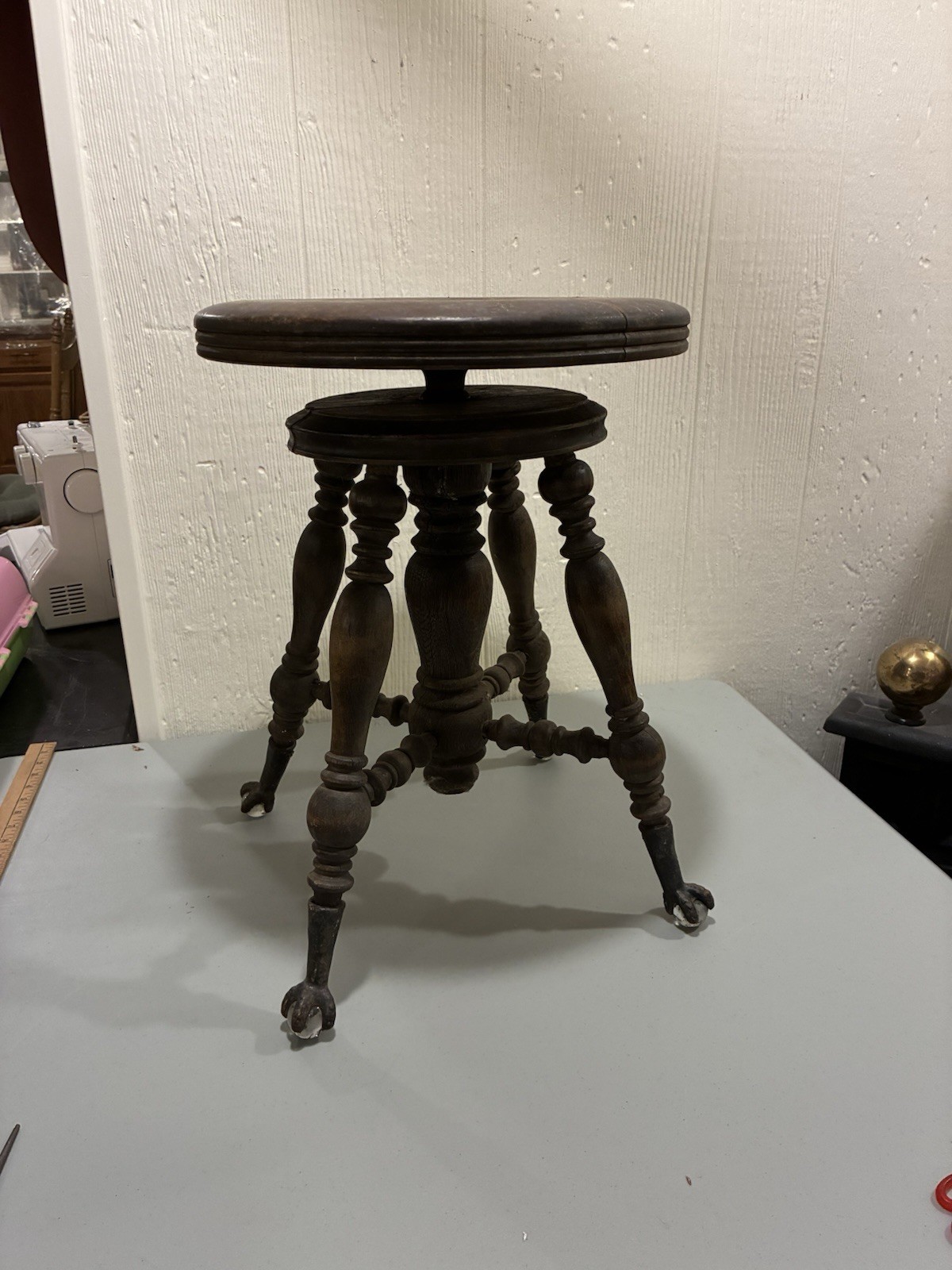 Antique Victorian Glass Ball Claw Foot Piano Stool Swivel Wood Round Adjustable
