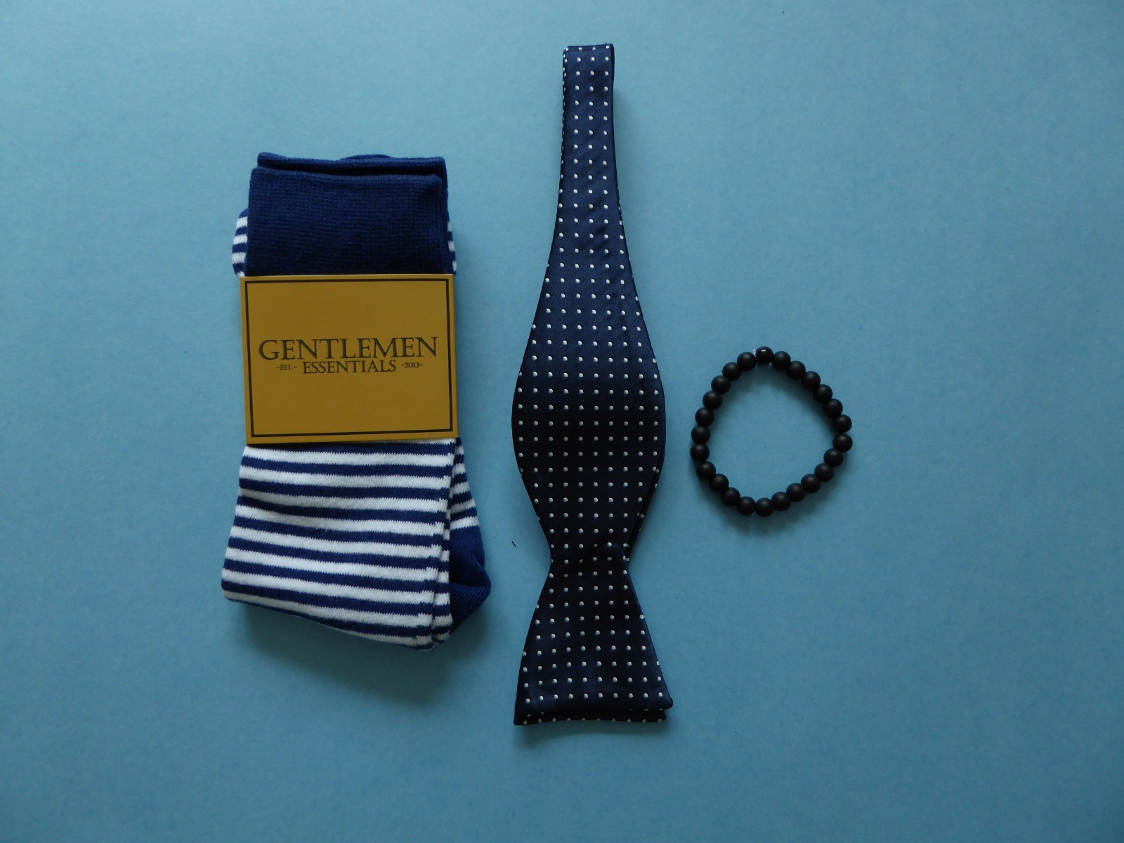 Gentlemen & Co Navy Polka Dots Bow Tie + Tropicalia Bracelet + Blue Striped Sock