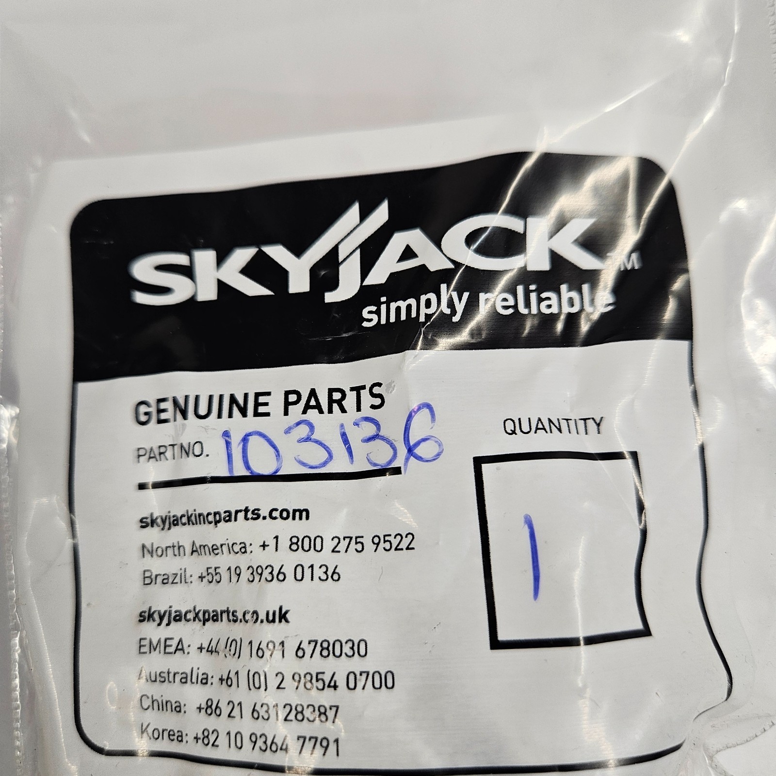 Part # SJ103136 Fits Skyjack ,VALVE - NEEDLE FREEWHEELING OEM
