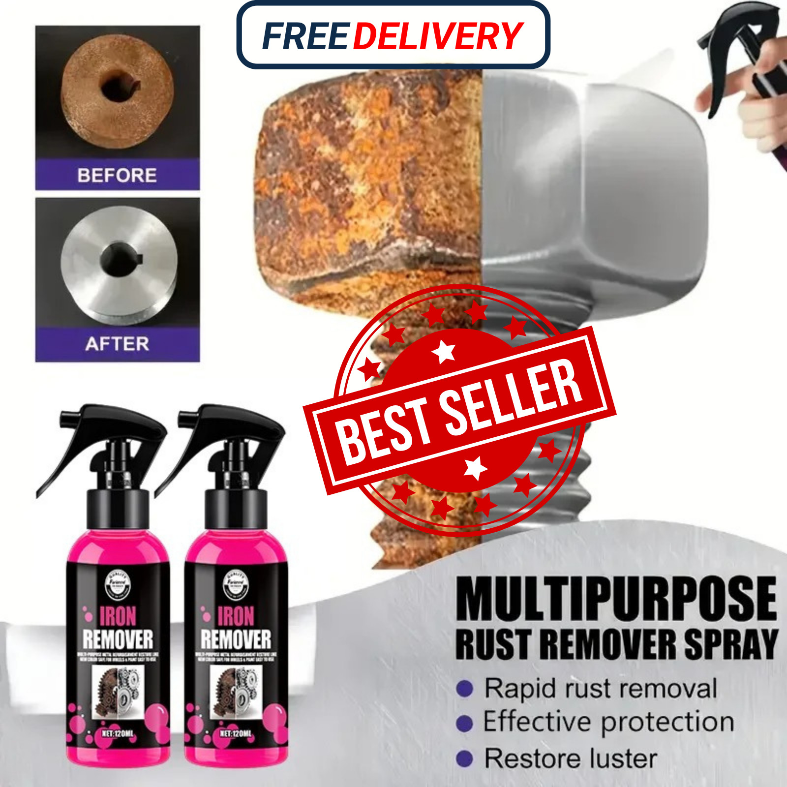 All-Purpose Rust Remover Spray 120ML Fast-Acting Iron Oxidation Eliminator US