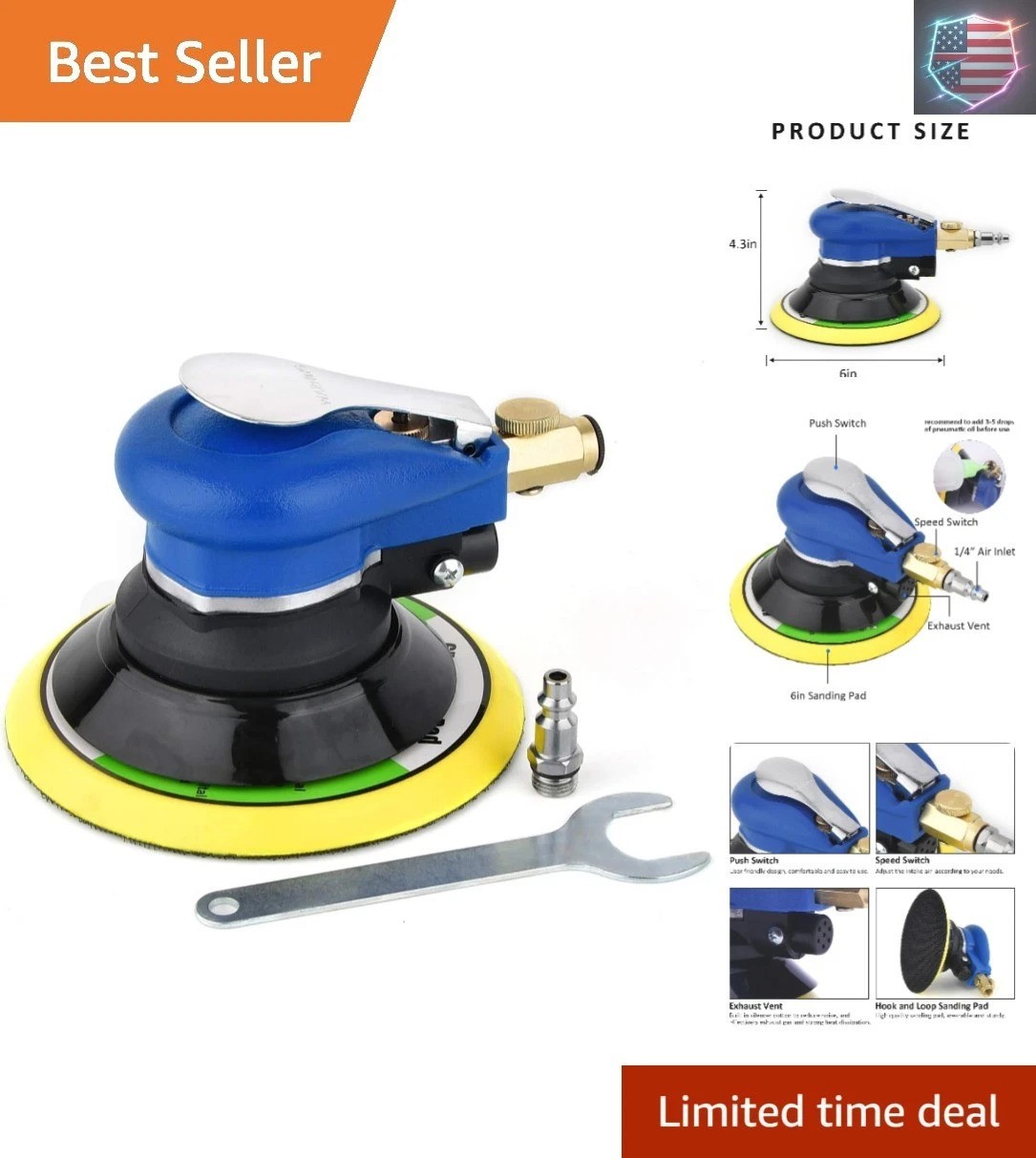 6 inch Pneumatic Orbital Sander, Daul Action Air Sander with Hook and Loop Sa...