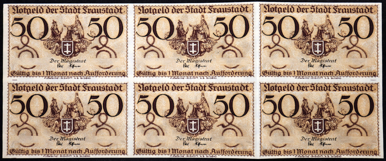 FRAUSTADT / WSCHOWA 1918 6pcs UNCUT SPECIMEN SHEET German Notgeld Poland 50 Pf