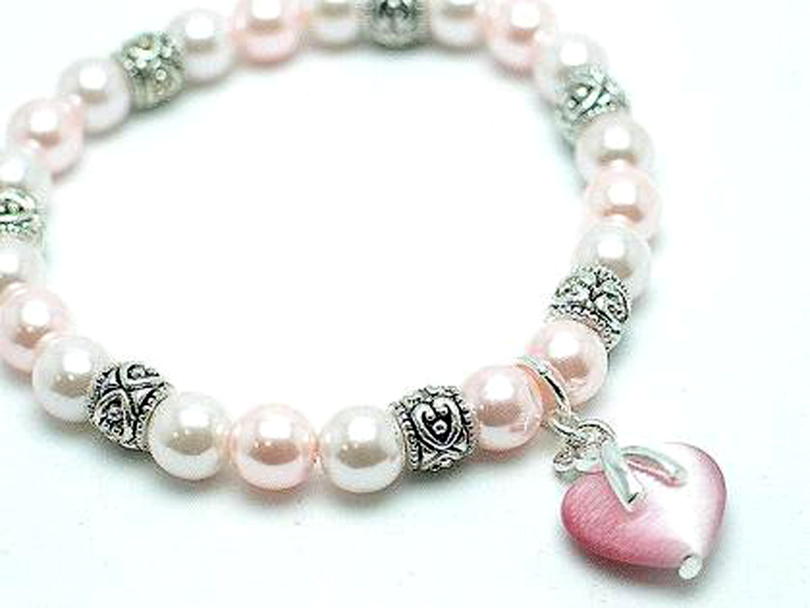 Pink Ribbon Angel Breast Cancer Awareness Faux White Pearl Bracelet