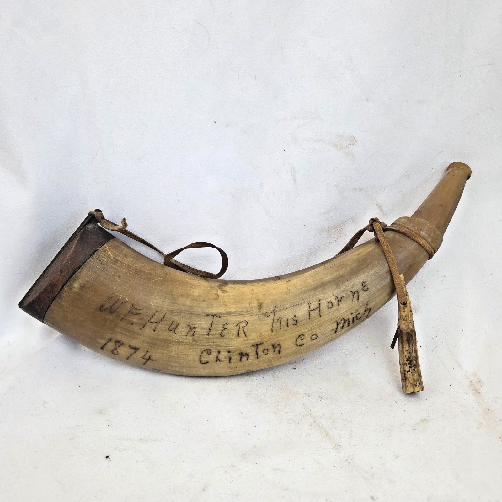 Antique 1874 Powder Horn W F Hunter Clinton County Michigan Irish Erin Go Bragh
