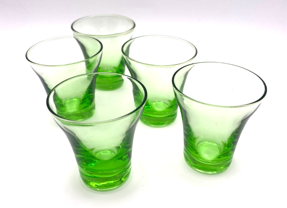 Vintage Green Sherry Cordial Shot Glasses Set of 5 Retro Barware