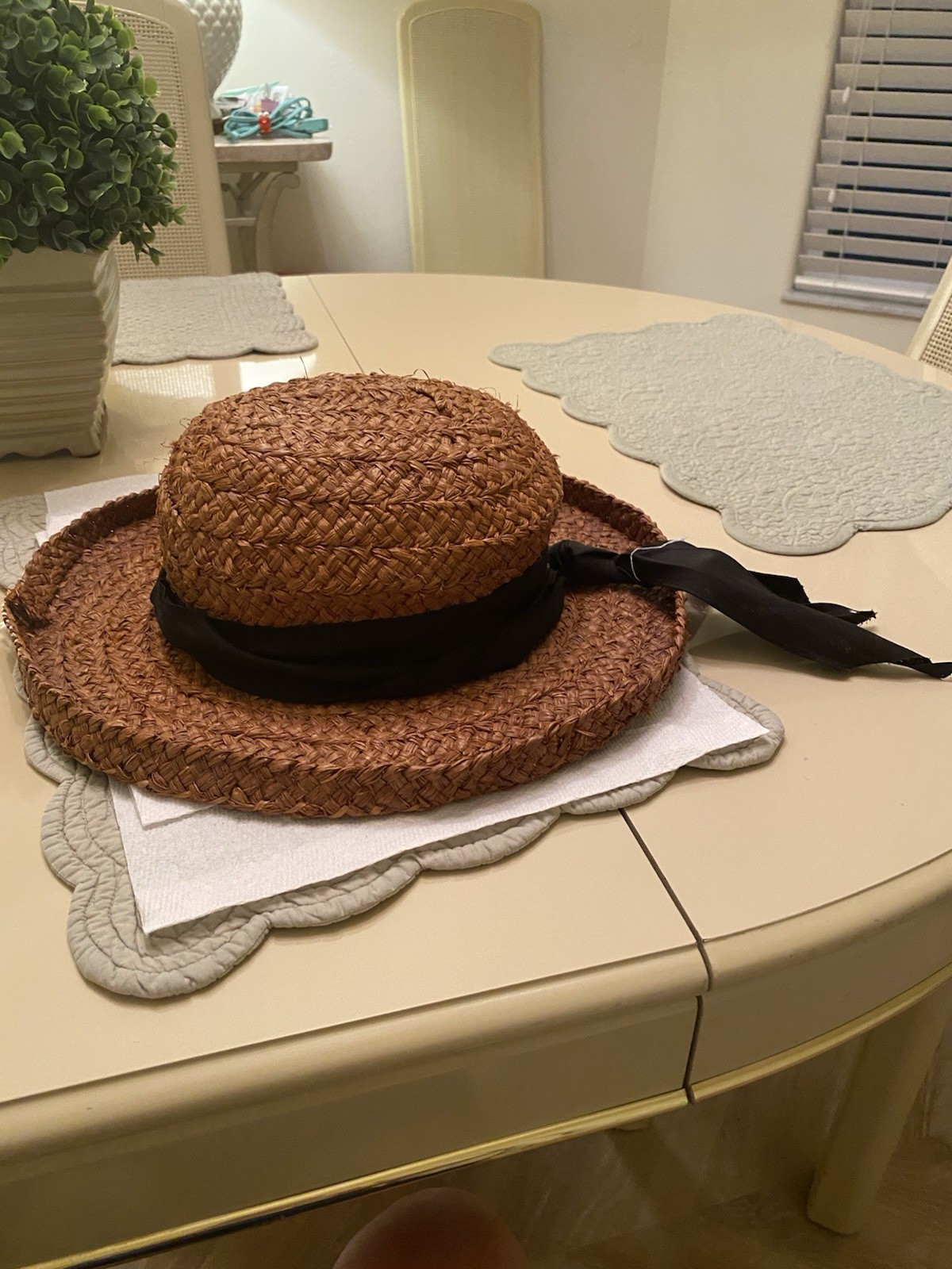 Dark Caramel Color Straw Hat With Black Ribbon & Wide Brim