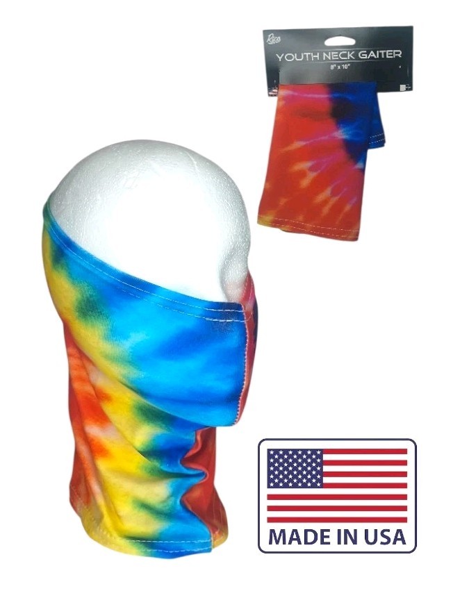 New Rico Youth Neck Gaiter 8" x 10" Tye Dye Red/Blue/Yellow/Green Made In USA