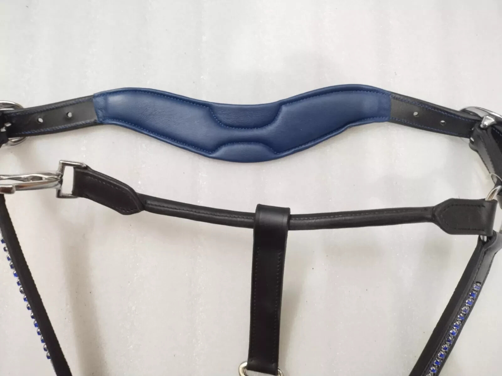 Three Row Blue Crystal & Blue Padding Premium Leather Horse Anatomic Halter.
