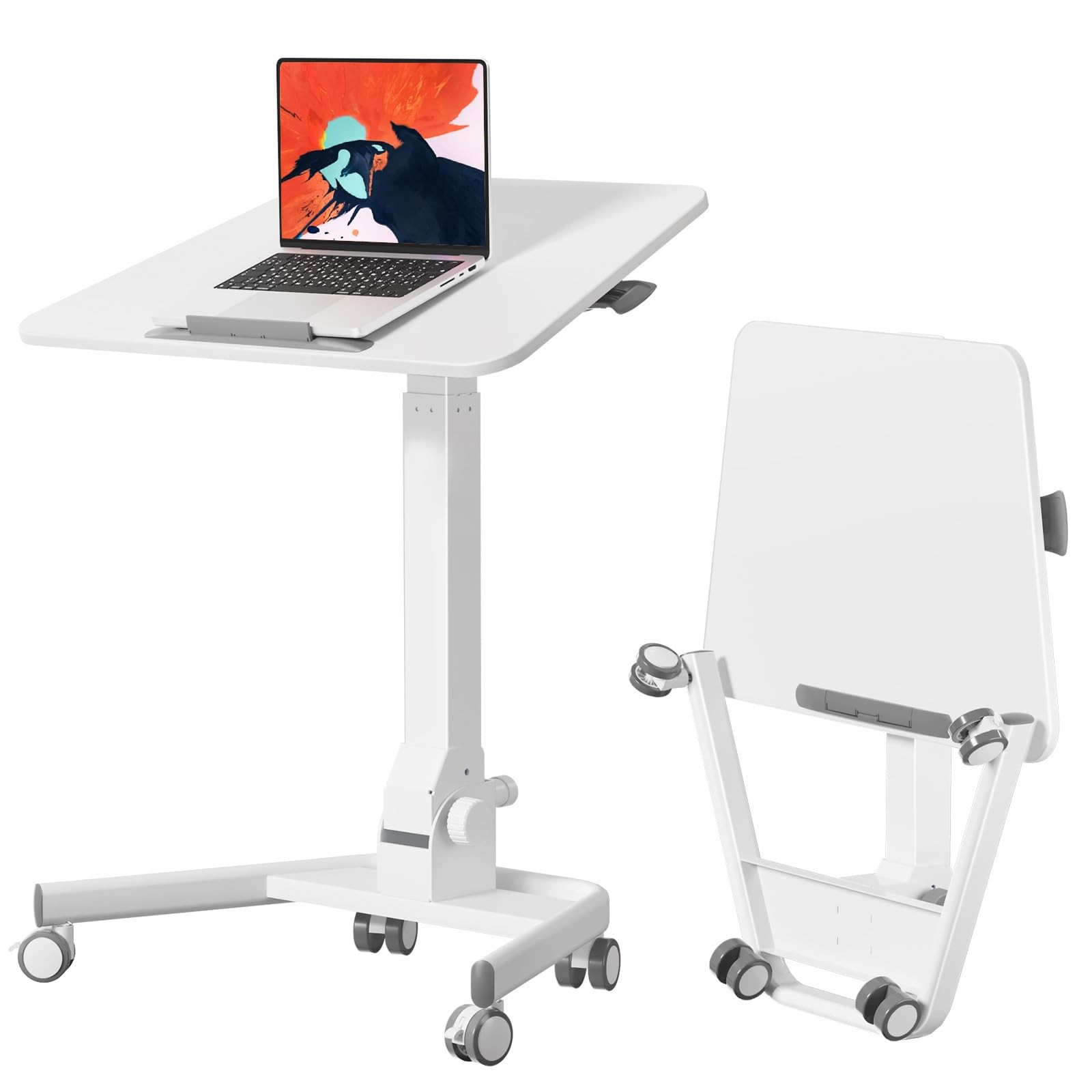 Foldable Mobile Standing Desk, Rolling Laptop Cart, White