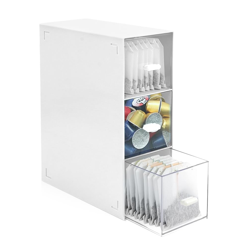 3 Tier Tea Bag Organizer, UOIXPUHUO Plastic Box Organizer Storage White