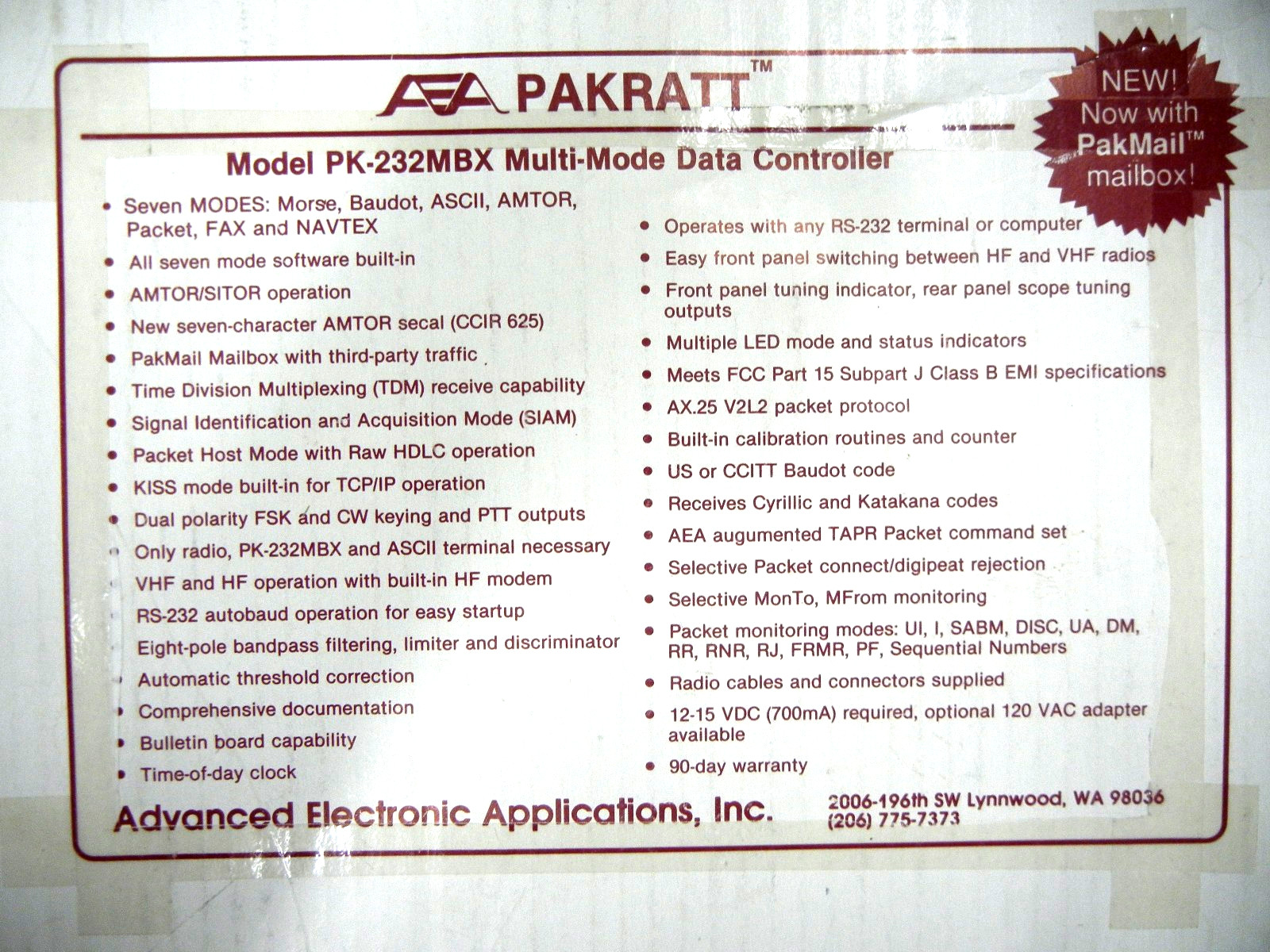 AEA PAKRATT Timewave PK-232MBX DSP Multi-Mode Data Controller Ham Radio TNC