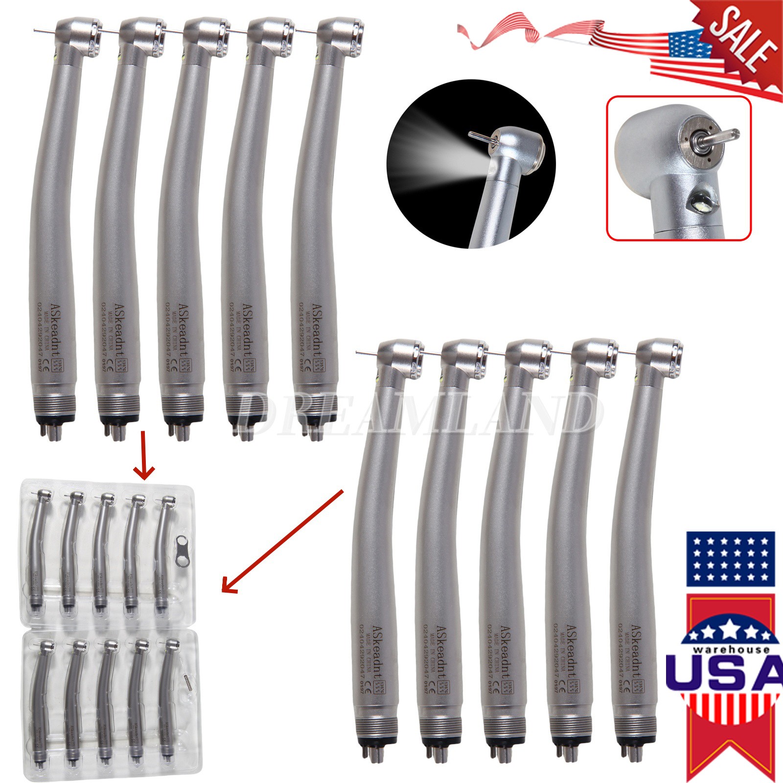 10 PCS Dental LED E-Generator Fiber Optic High Speed Handpiece 4 Hole USA
