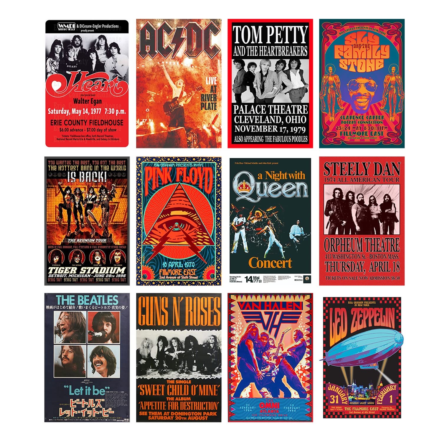 Woonkit Vintage Rock Band Posters for 12 Set B, 7.8x11.8 inch, Multicolor
