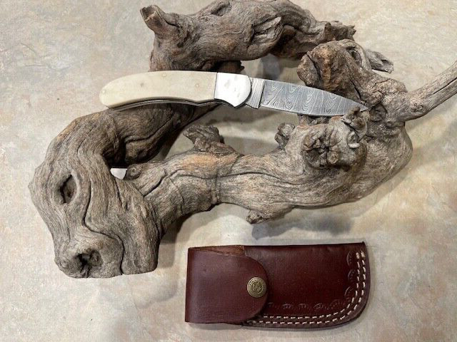 Big Damascus folding blade knife w/ Natural white bone handle  hand made (FLAW)