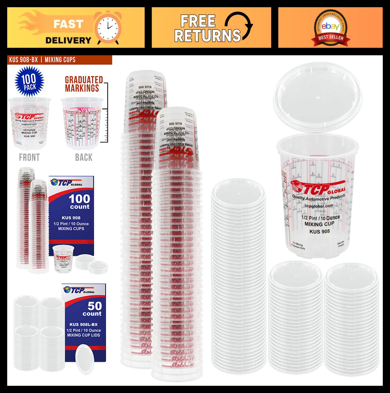 Full Case of 100 Paint Mixing Cups with 50 Lids - 10oz 1/2 Pint, Calibrated Rati