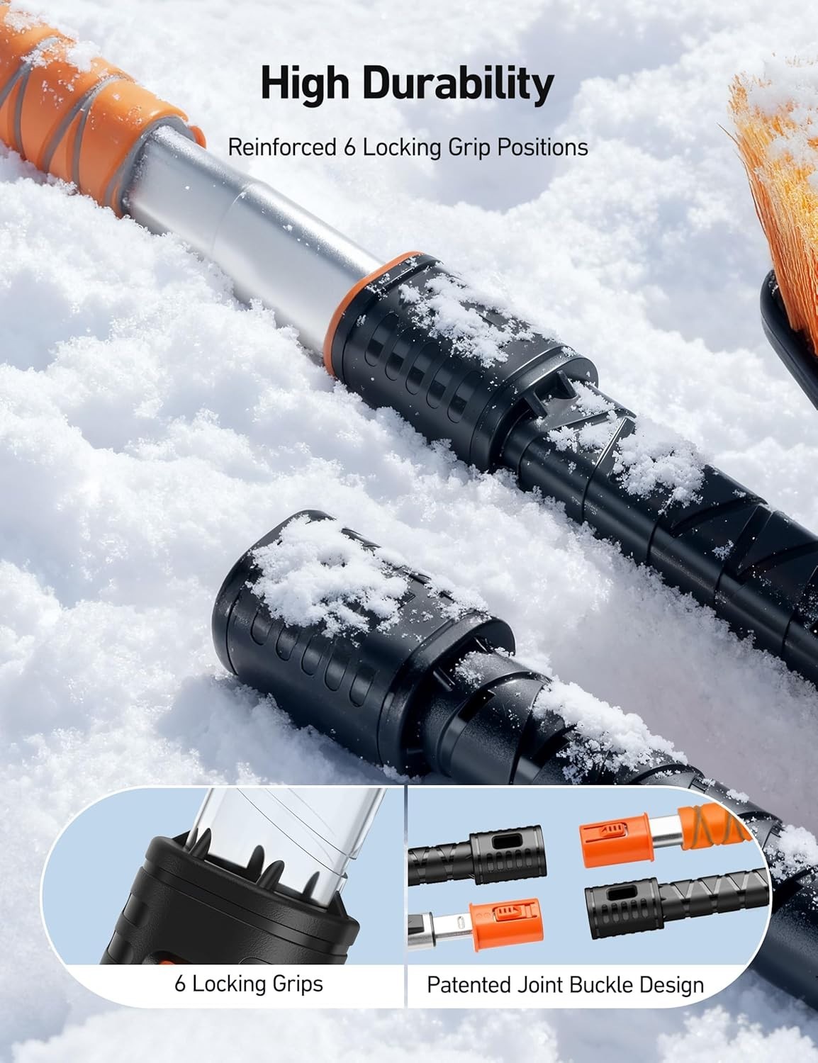Multi-Function Ice Scraper and Snow Brush – 47.2” Adjustable Tool in Orange