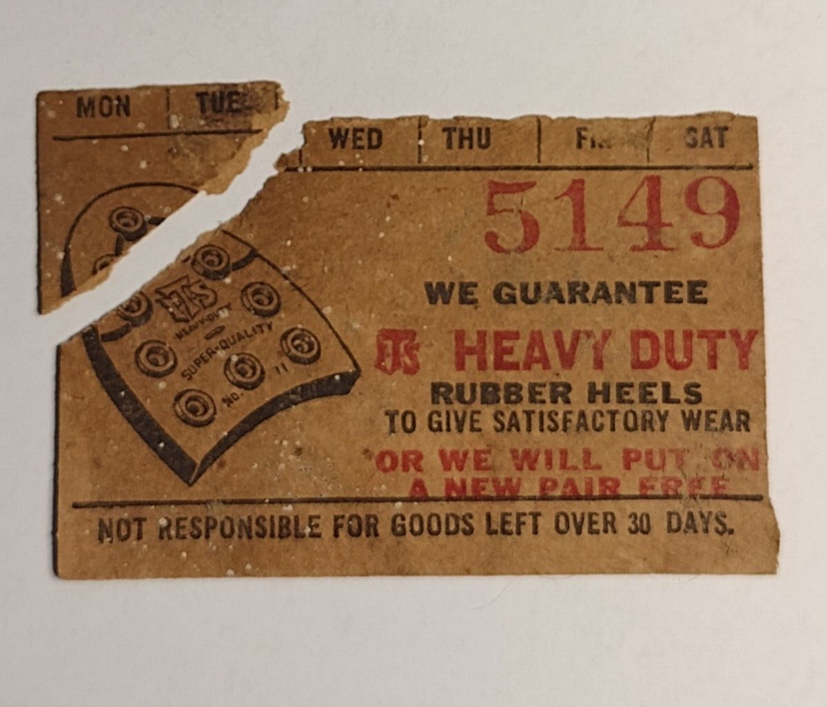 Ephemera Customer Claim Check Repair Shoe Shop Date Dec 1932 - READ