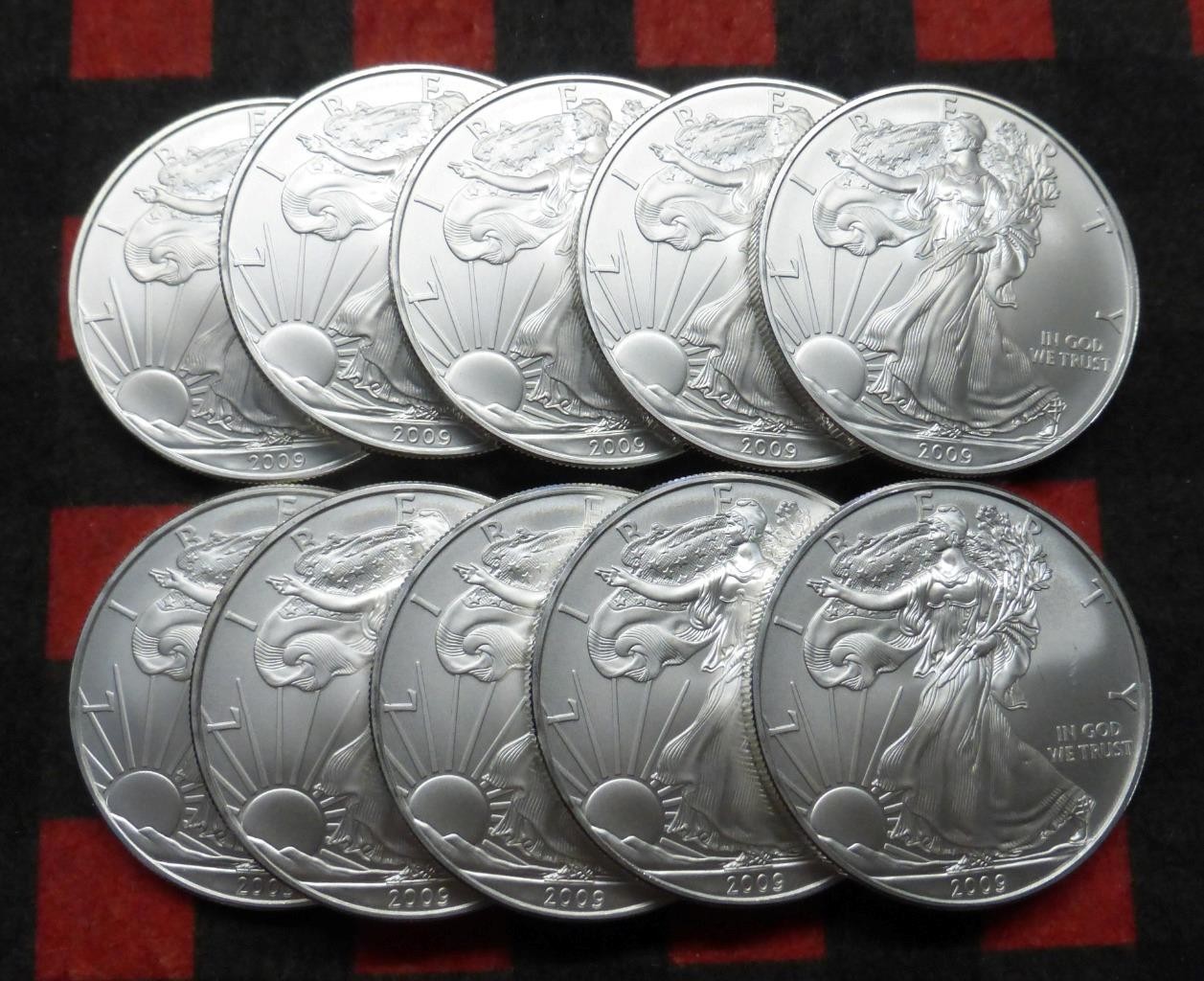 2009 American Silver Eagle $1 Half Roll, 1oz .999 Silver Dollars, 10 BU Coins