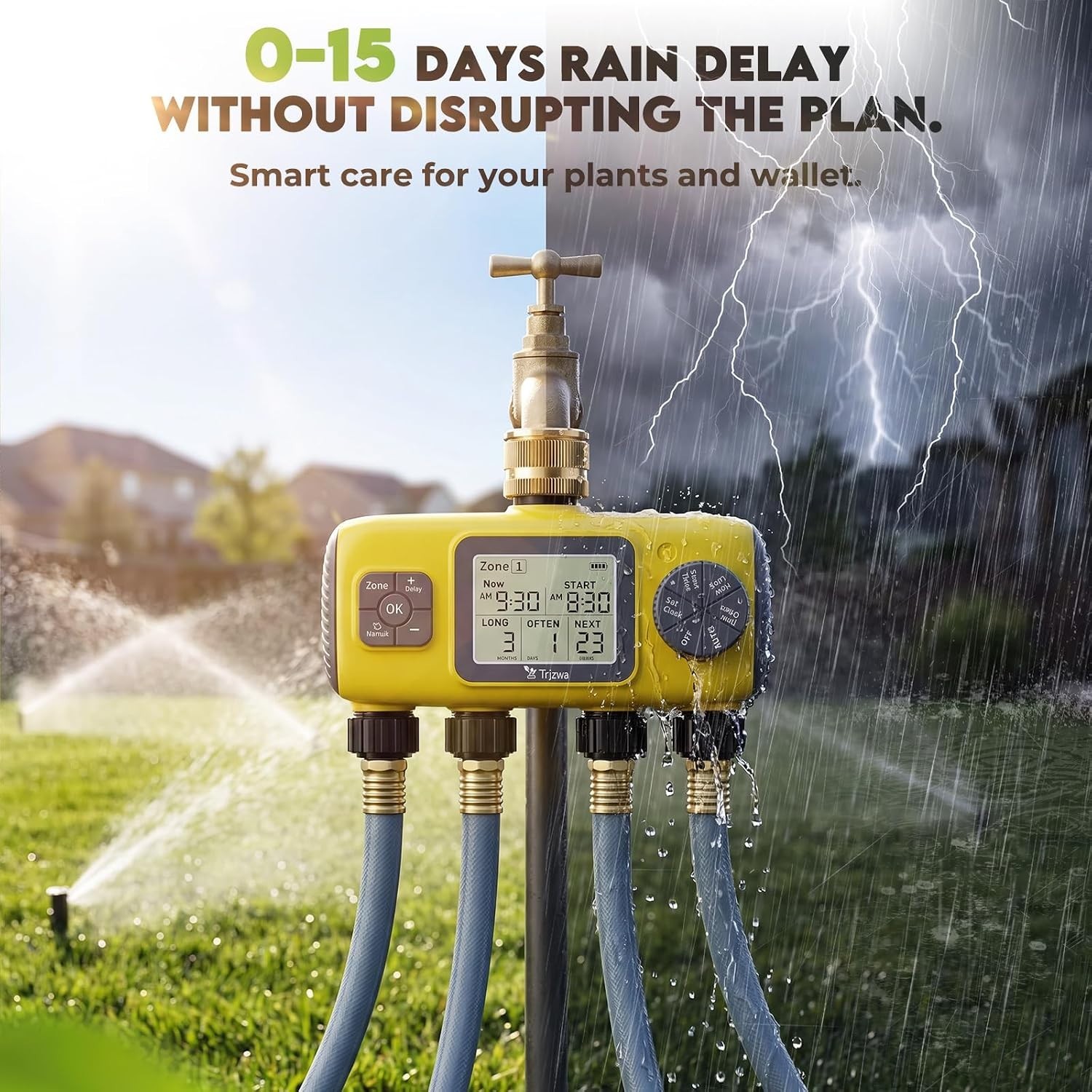4-Zone Programmable Digital Smart Water Timer w/ Brass Inlet, Rain Delay, Anti-R