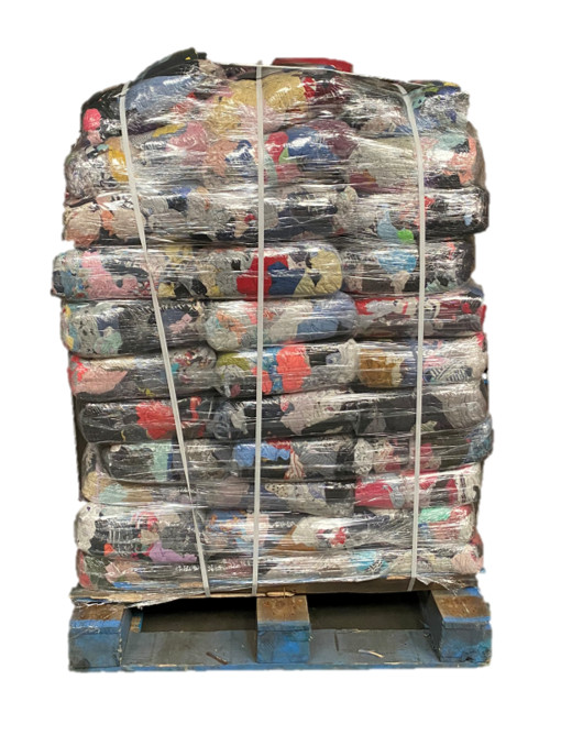 FULL SKID OF 10 lb. Compressed Bag of Colored T-Shirt Rags - 100 bags - 1,000 Lb