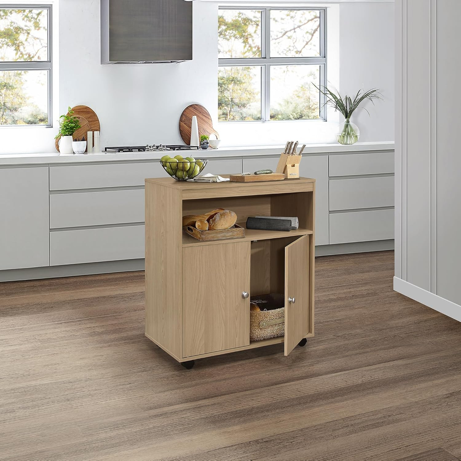 Beech Microwave Kitchen Cart with 2-Door Cabinet & Storage Shelf
