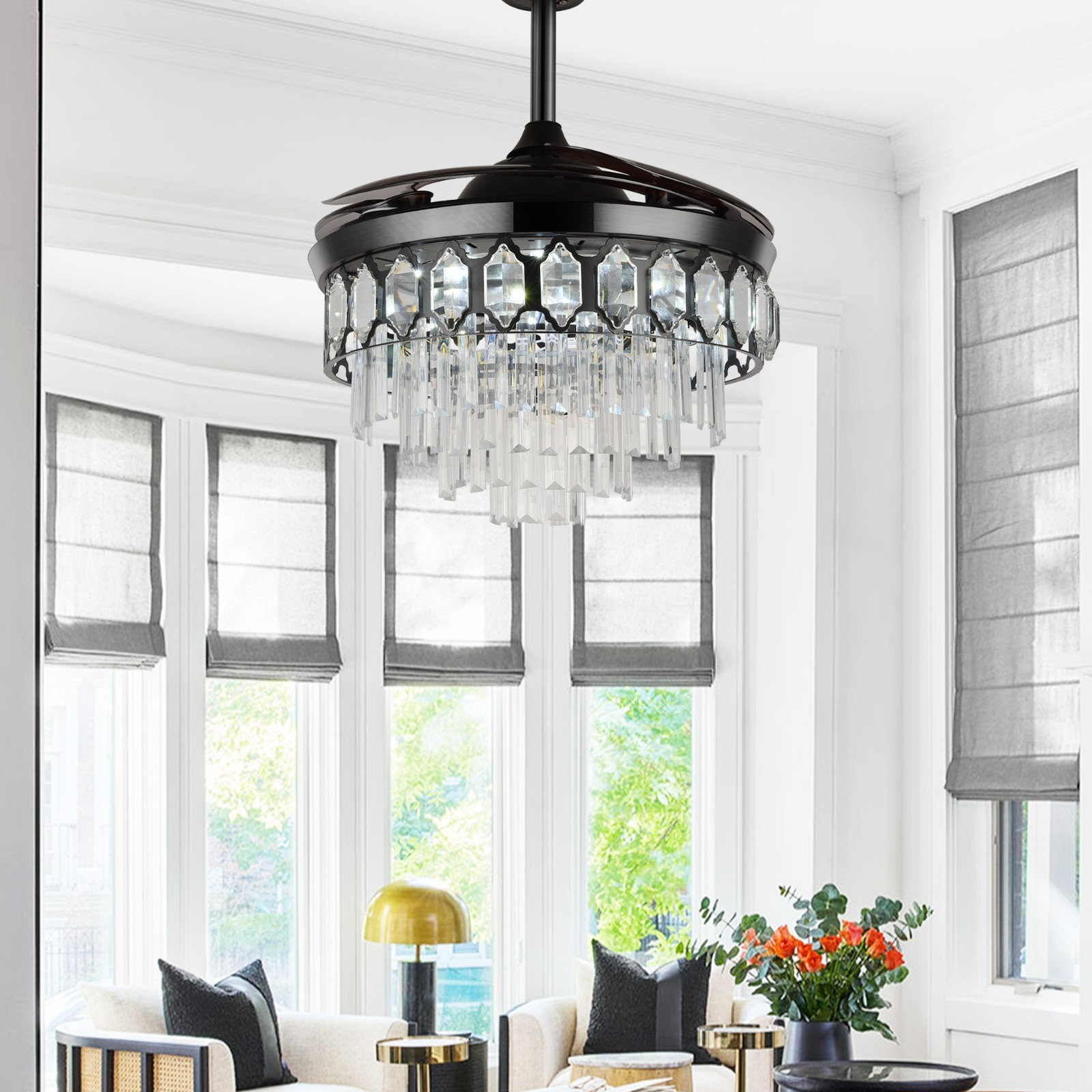 Luxury 42" Retractable Crystal Ceiling Fan Light w/ Remote, 6-Speed