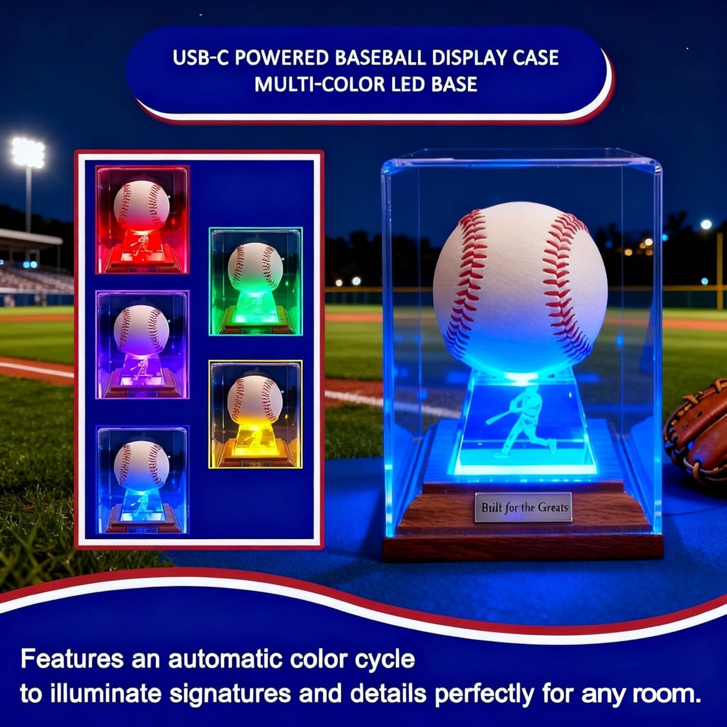 Baseball Display Case Stand with LED Lights Silvery for Souvenir