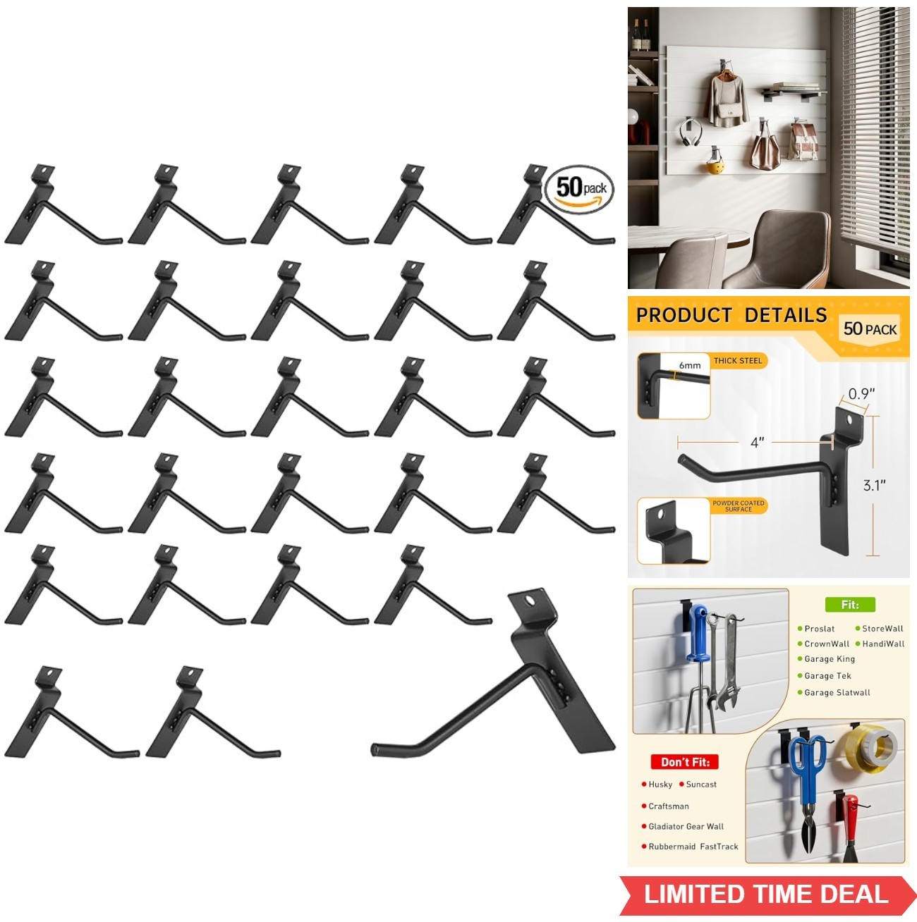 Slatwall Hooks 50 Pack 4 Inch Black Heavy Duty Steel Wall Display Hanger for