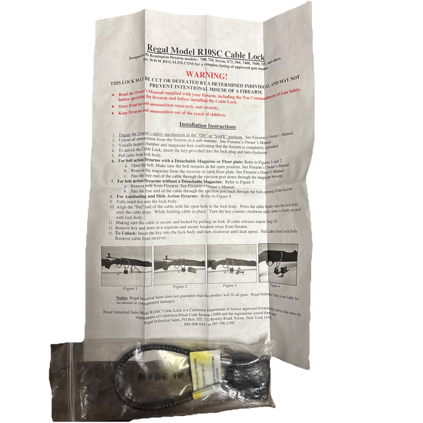 Regal Model R10SC Cable Gun Lock, NEW! 2 keys