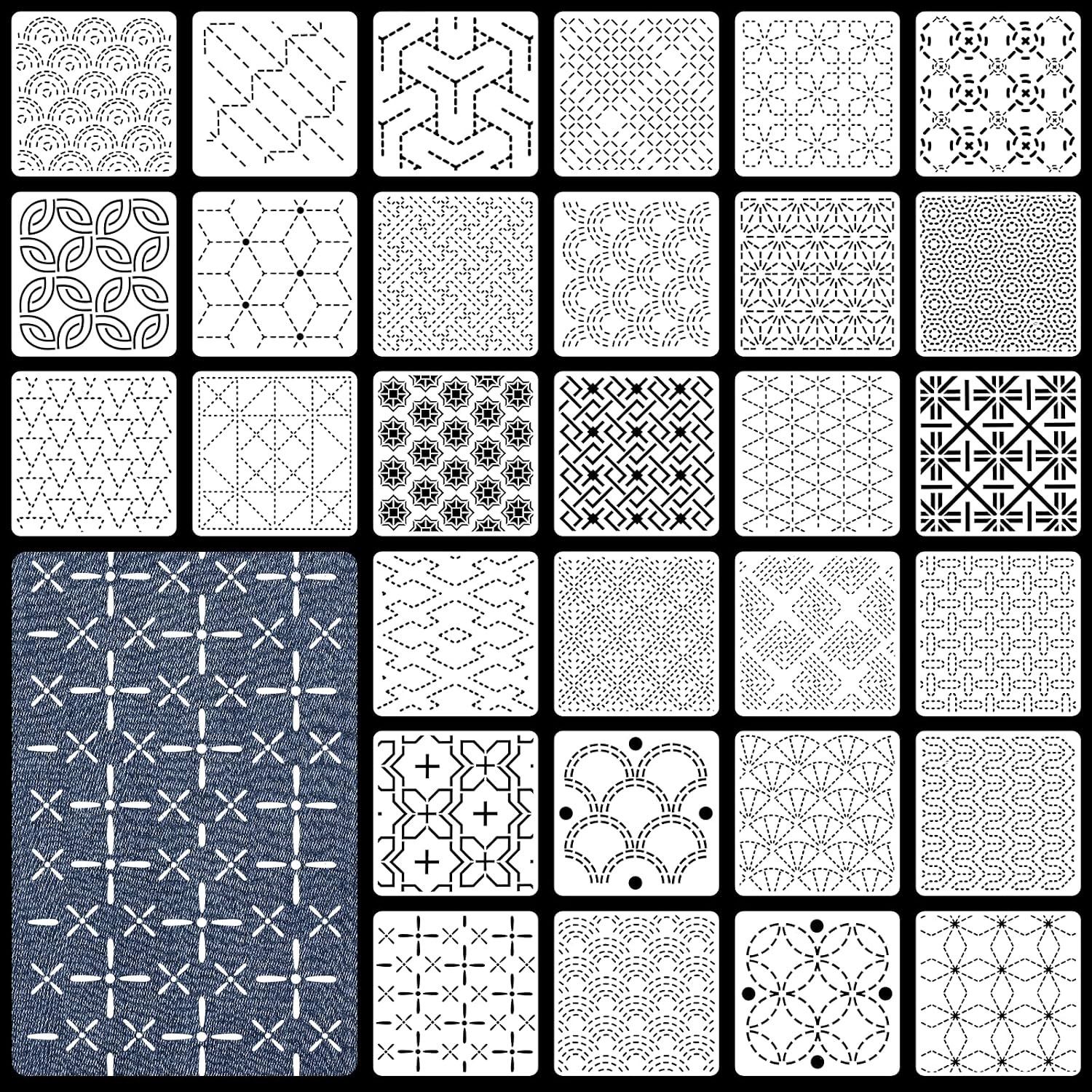 30 Pcs Plastic Sashiko Stencil 4.7 X 4.7 Inch Geometric Sashiko Pattern Template