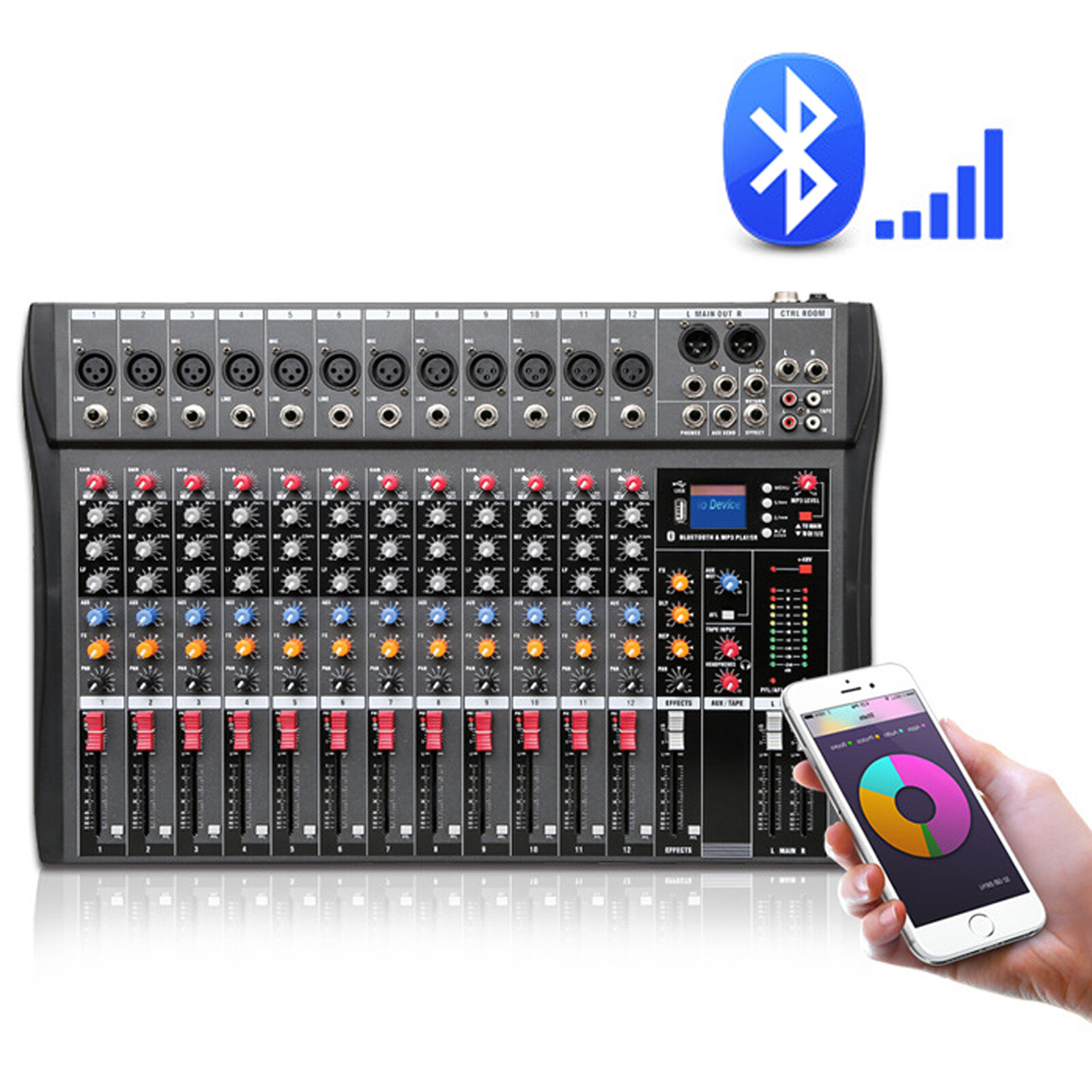 12 Channel Audio Mixer Bluetooth USB DJ Sound Mixing Console Amplifier Studio