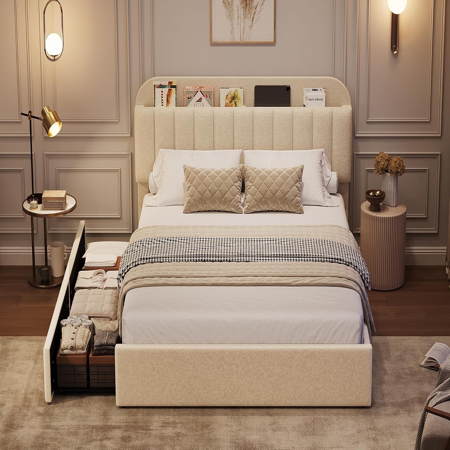 Beige Twin Size Bed Frame Upholstered Platform Bed with Headboard & 2 Drawers