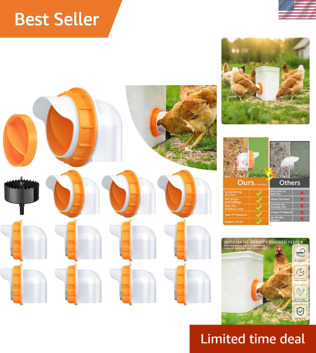 Orange Automatic Chicken Feeder Set: 12 Ports for Effortless Poultry Feeding