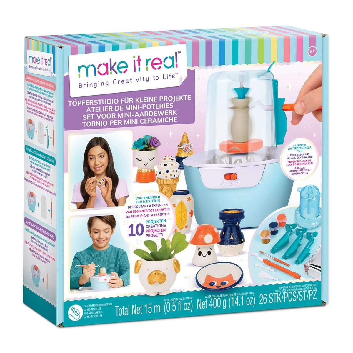 Make It Real Mini Pottery Studio - 26-Piece DIY Kit Miniature, multi