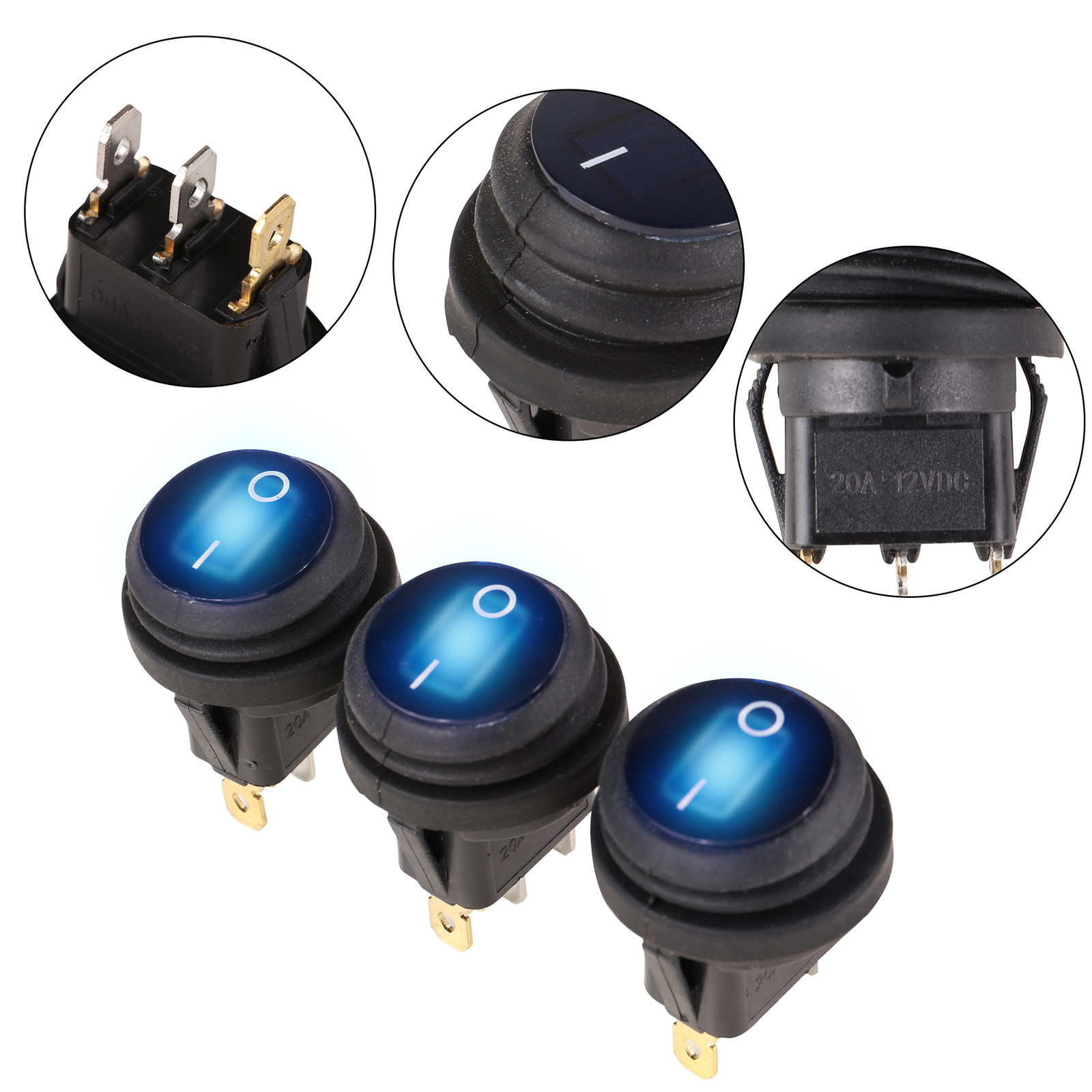 3pcs Blue LED 12V-20A Car Boat ON/OFF Round Waterproof Rocker Toggle Switch Ful