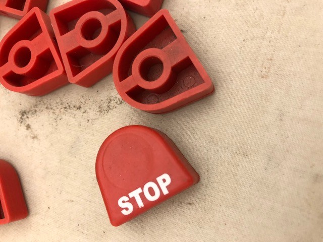 Red STOP button, plastic, 40 buttons - upcycle, repurpose, craft project