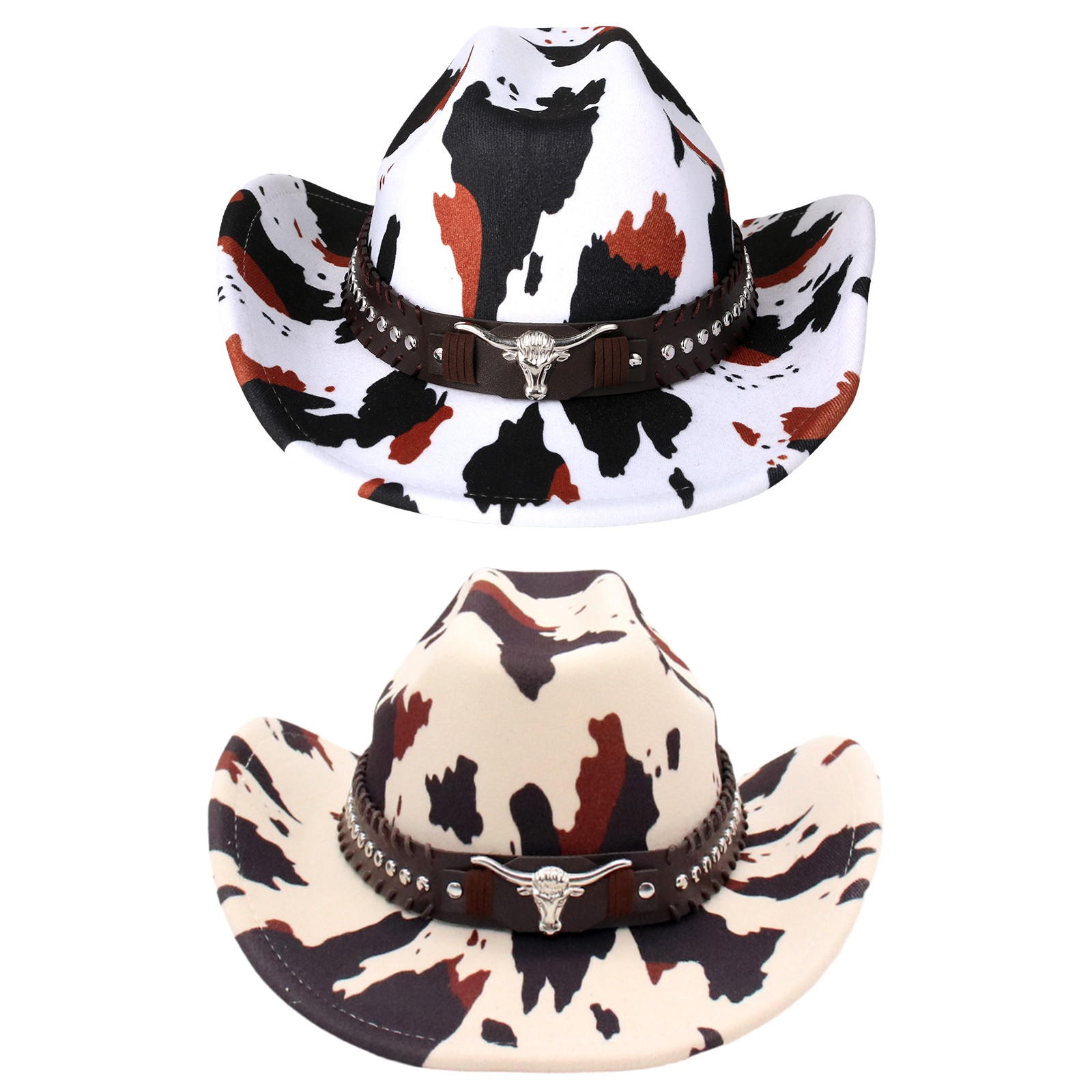 Vintage Unisex Cow Print Bent Brim Wide Rim Cowboy Hat With Rivet Belt Strap