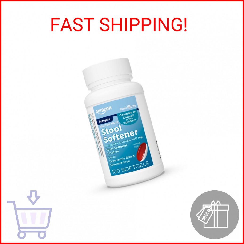Amazon Basic Care Stool Softener Laxative, Docusate Sodium 100 mg, Softgels, For