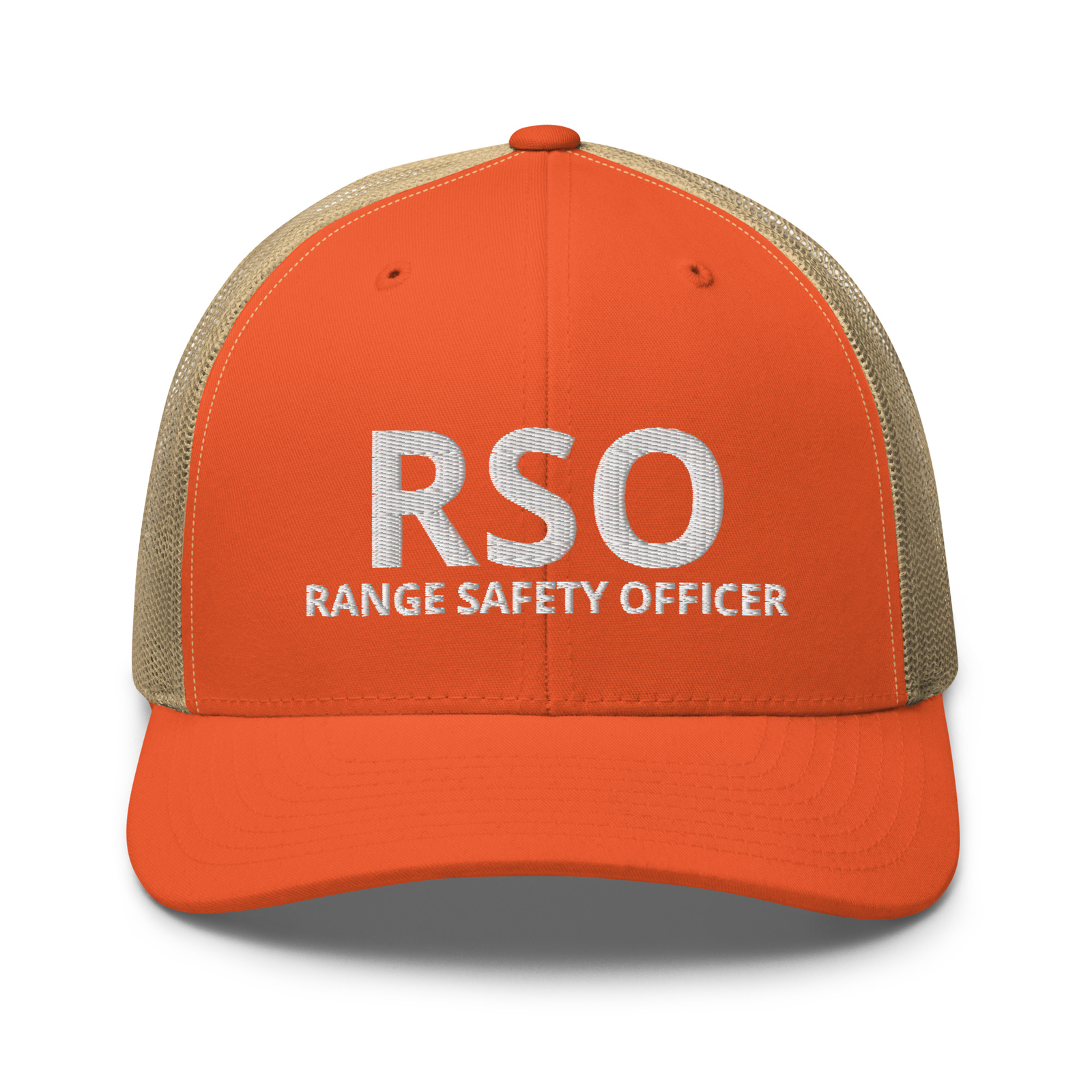 White text Range Safety Officer RSO Mesh Trucker Hat Cap Firearms Gun Instructor
