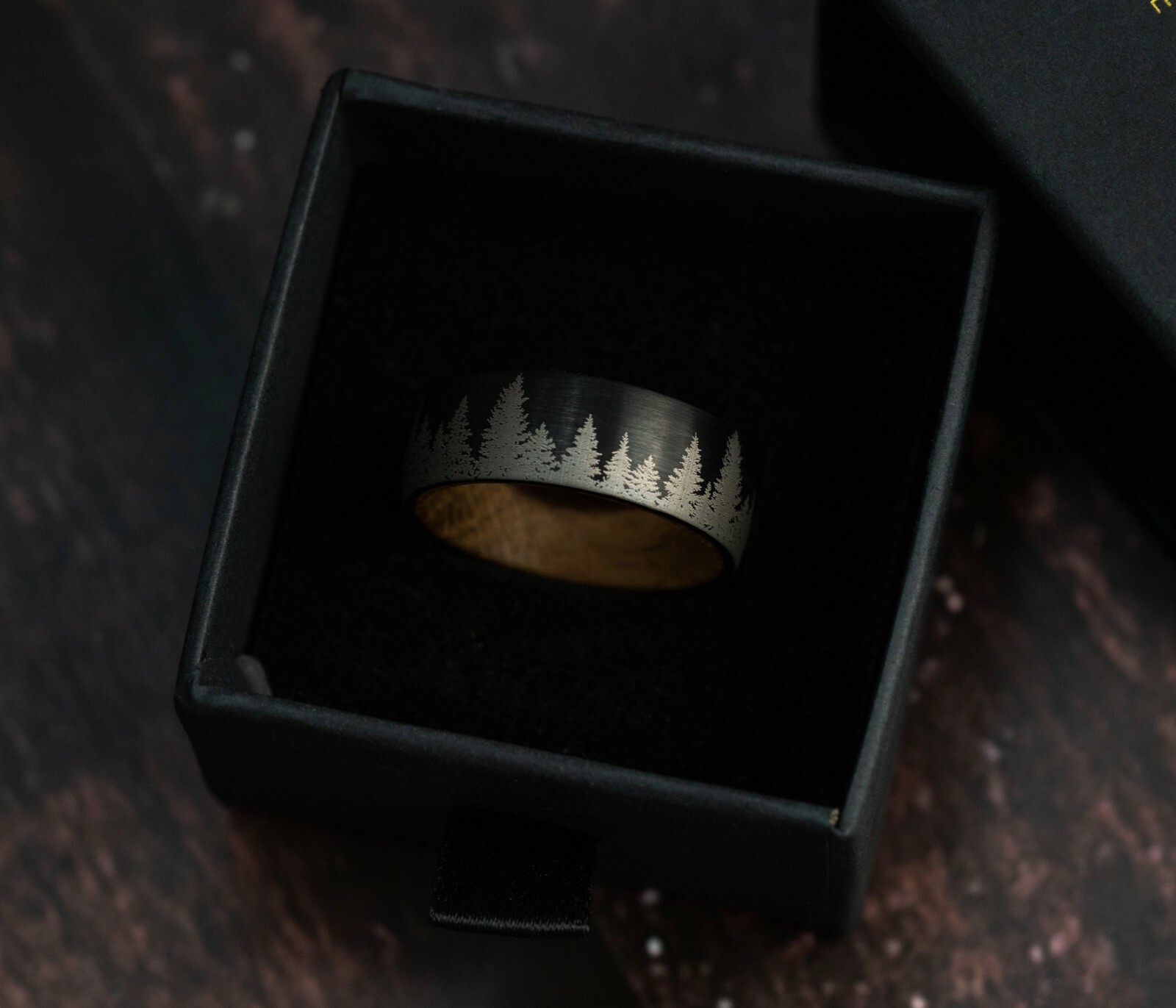 Whiskey Barrel Ring Tungsten Black Forest Tree Wood Inside Wedding Band Ring