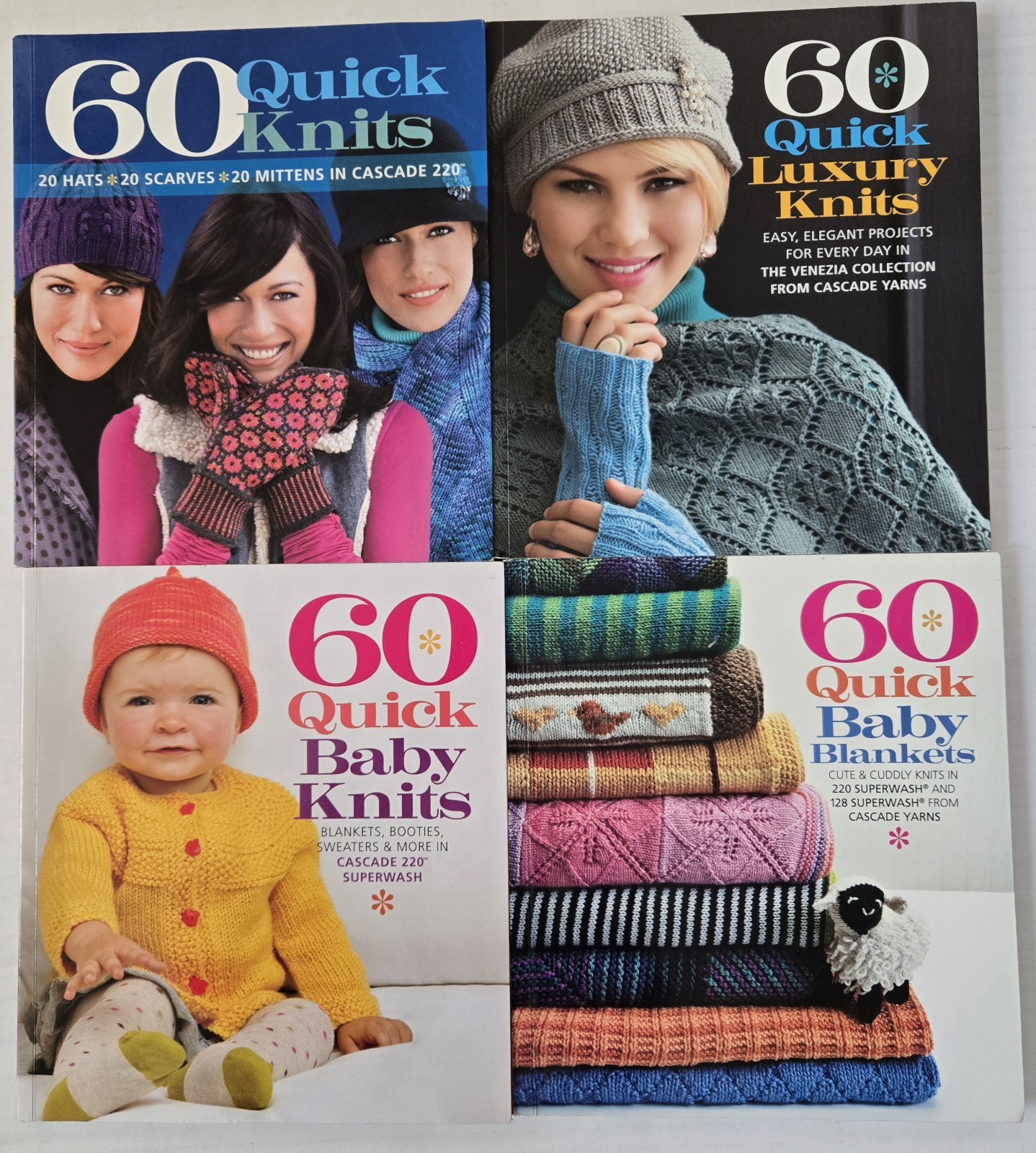 Lot of 4 Cascade Yarns 60 QUICK KNITS Pattern Books~Venezia, Baby, Scarves, Hats