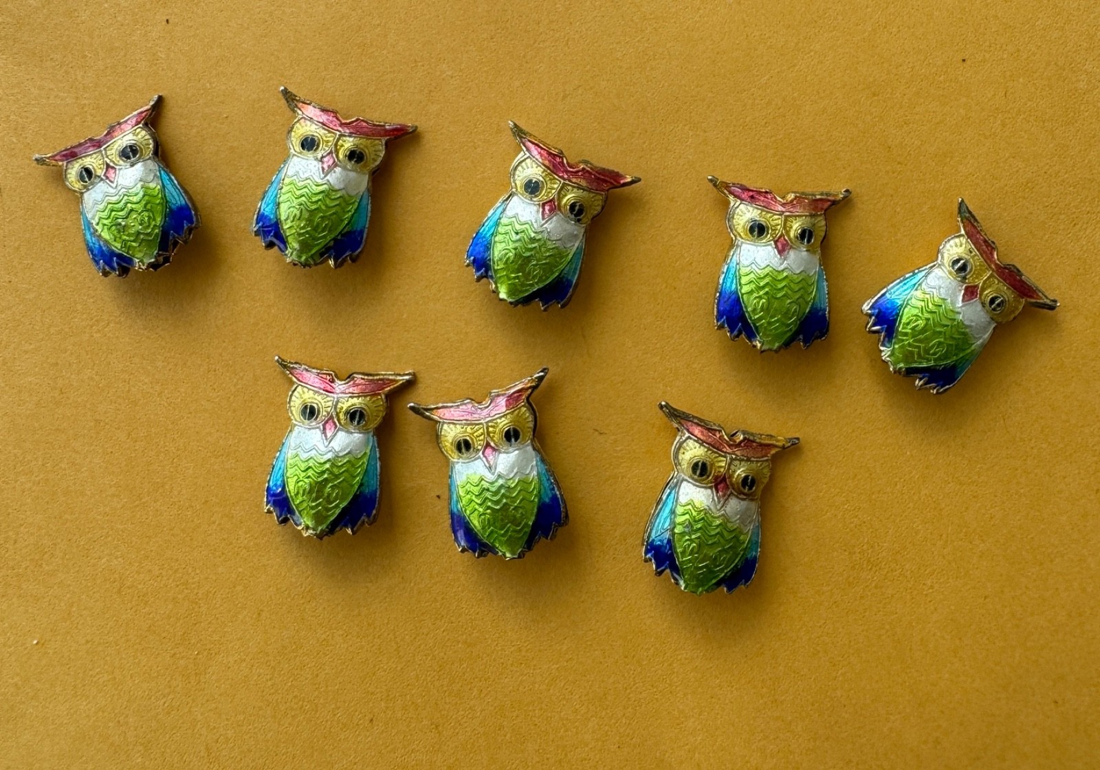 lot of 8 cloisonne beads, owl ~ blue, green, peach and gold, 16 x 14 x 3 mm