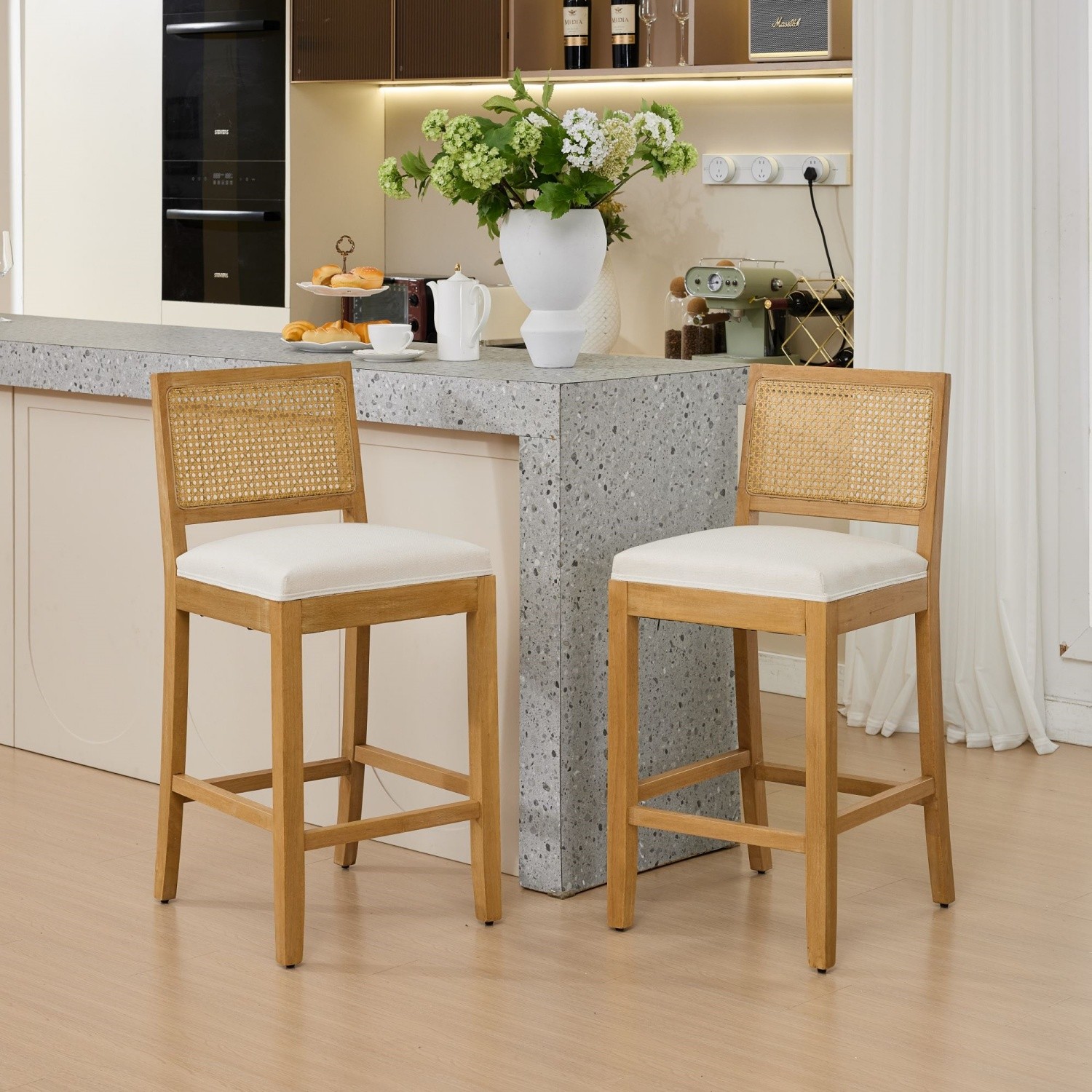 Set of 2 Rattan Back Bar Stools with Upholstered Counter Height Wood Barstools