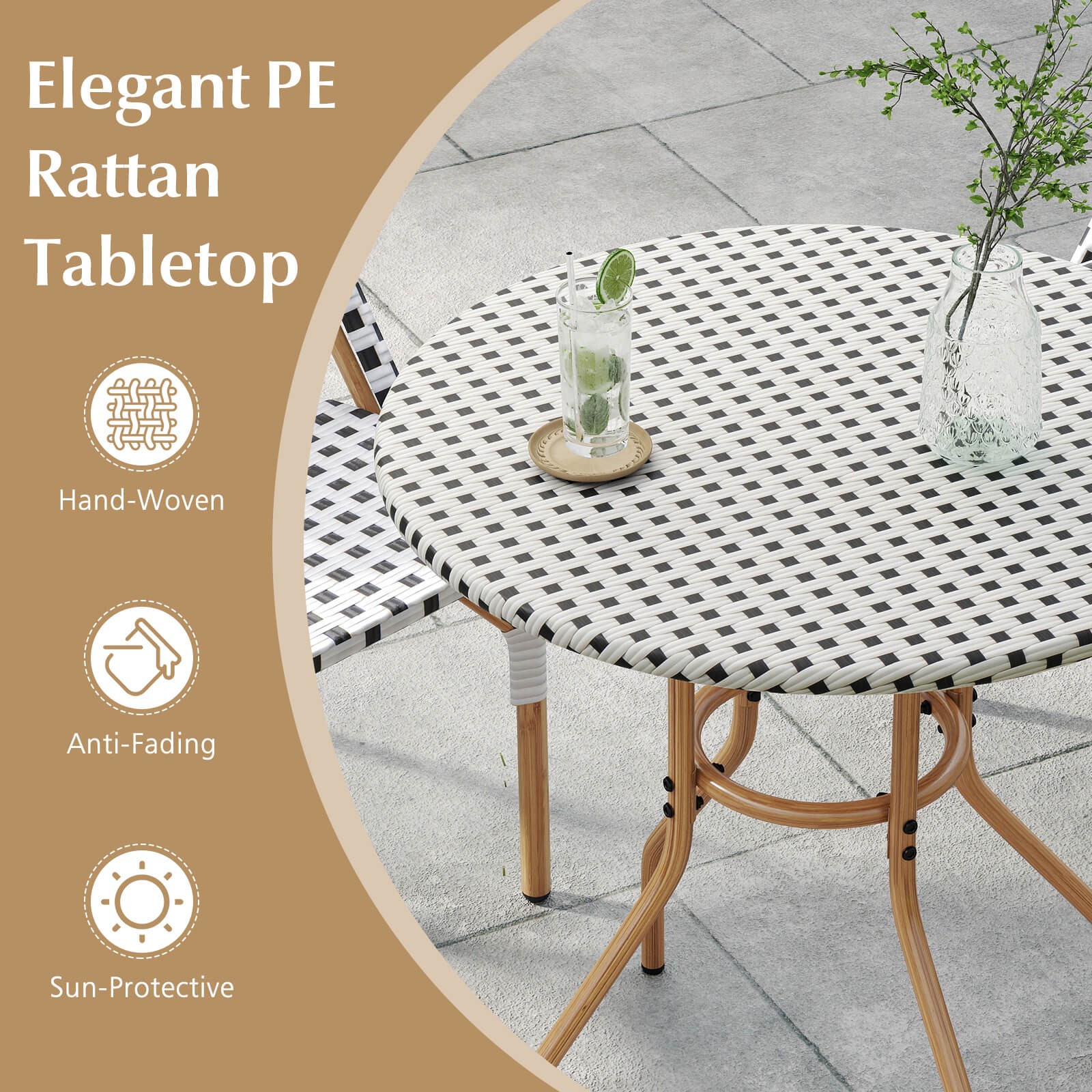 27.5" Round Patio Table w/Hand-Woven PE Rattan Tabletop and Metal Frame