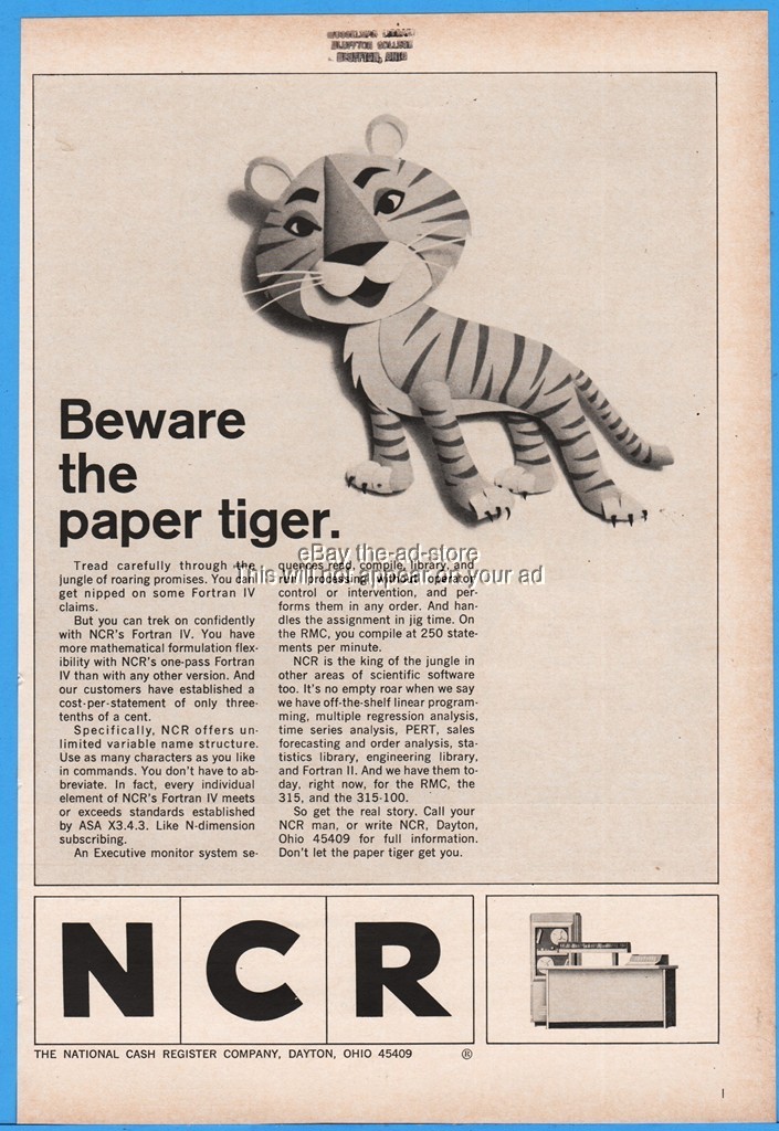 1966 National Cash Register Co Dayton OH Fortran IV Computer Software Tiger Ad